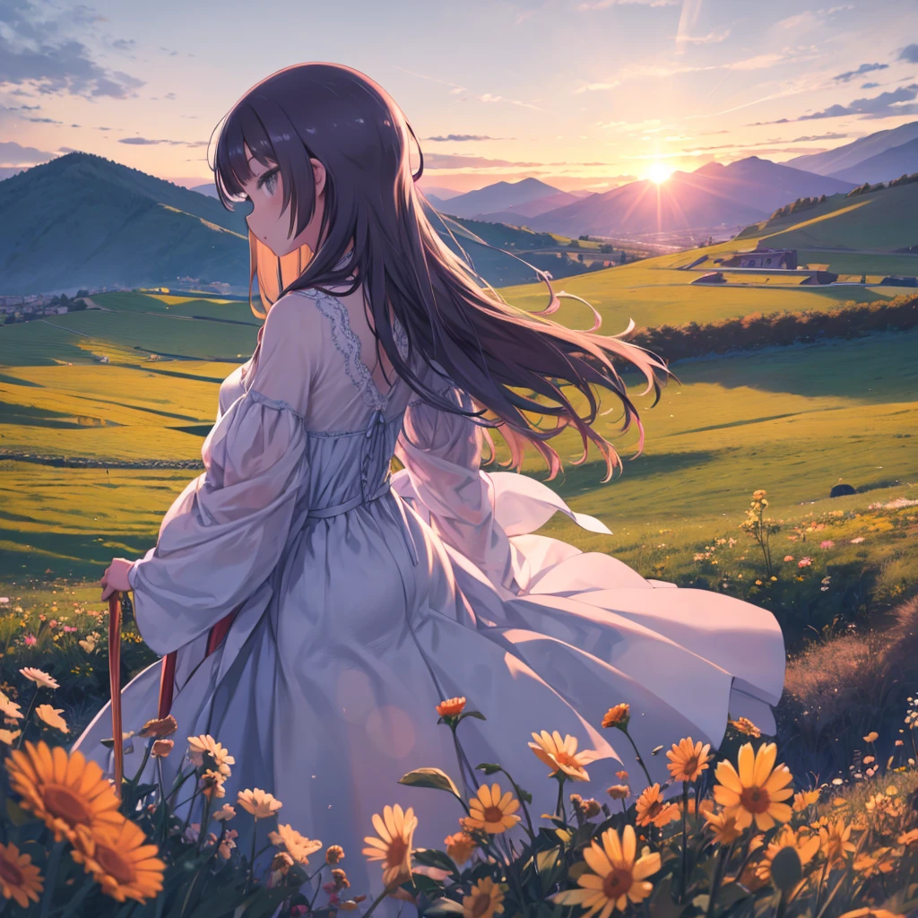 masterpiece、highest quality、High resolution、Very detailed、Beautiful eyeedium wide shot、Girl、evening、Sunset、top of the hill、grassland、singing、Angle from behind、
