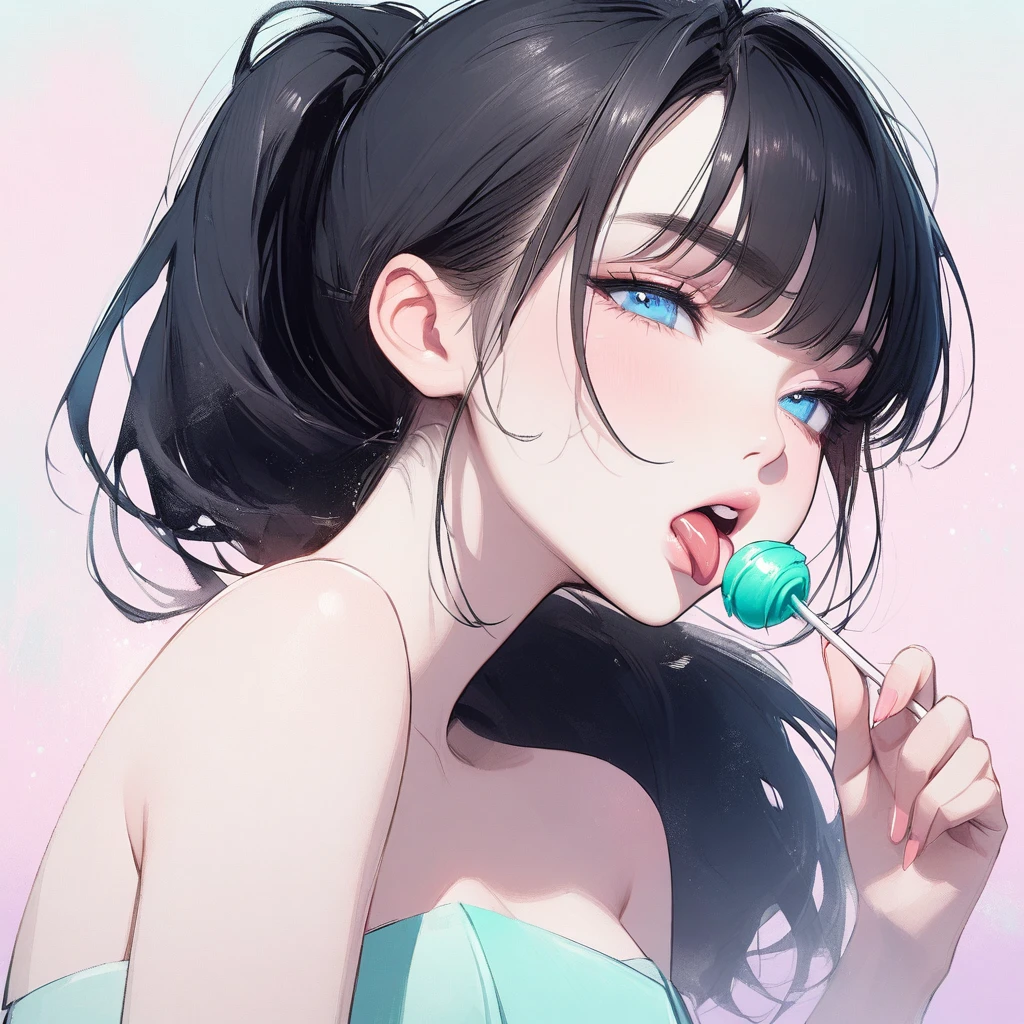 Girl, black hair, black eyes, beautiful, strapless mint dress, pastel colors, face close-up, flat, ponytail, sucking a green lollipop, lipgloss, brat, big round glasses, korean, wide mouth, submissive, short bangs 