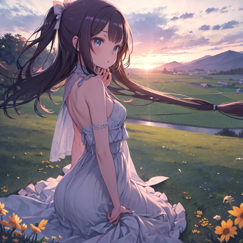 masterpiece、highest quality、High resolution、Very detailed、Beautiful eyeedium wide shot、Girl、evening、Sunset、top of the hill、grassland、singing、Angle from the side、