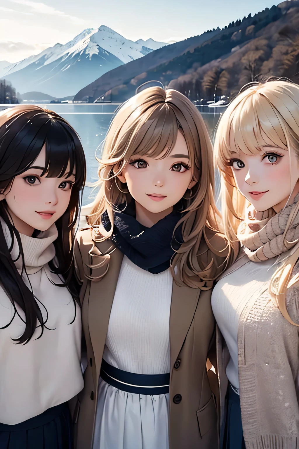 highest quality、High resolution、Detailed Background、(Beautiful face in every detail:1.4)、Anatomically correct、(Detailed facial expressions)、(Detailed eyes:1.2)、(Detailed eyes:1.2)、Beautiful, smooth skin、Beautiful women in their 20s、(Highly detailed face:1.4)、Cute color hair color、Braided long hair、Wavy Hairstyle、well-groomed eyebrows、Cute Eye Makeup、Cute Lip Makeup、In a joking manner、Do cute things、Winter Mountain、Lake Tazawa、A big smile、In the beautiful natural scenery、Spectacular natural scenery、Lake Tazawa, with its beautiful lapis lazuli surface、The snow-covered lakeside is mysterious in winter、Fit on one screen、
(Three beautiful women having fun with friends against the backdrop of a snowy mountain in the morning sun:1.5)、
For long skirts, choose shiny materials or tiered designs.、It can create a glamorous atmosphere、Try pairing a sheer top and a fluffy knit cardigan with a white monotone outfit.、We also recommend a sophisticated winter look that combines a grey ribbed knit with a blue long skirt.。The glossy feel of the skirt adds a subtle touch of glamour.、Wearing a beige no-collar coat will give you a neat and clean look.、Pair it with wide pants and short outerwear for a stylish and balanced look.、Wide pants have a loose silhouette and create a trendy look.、Tight and narrow skirts are also popular items that can create a slim silhouette.、Incorporating wintery accessories into your outfit will give you a seasonal look.、Stoles and scarves are items worn around the face, so if you choose bright colors, your face will look brighter.、Fur and boa accessories are also great for keeping you warm, so try adding them to your outfit to balance it out.