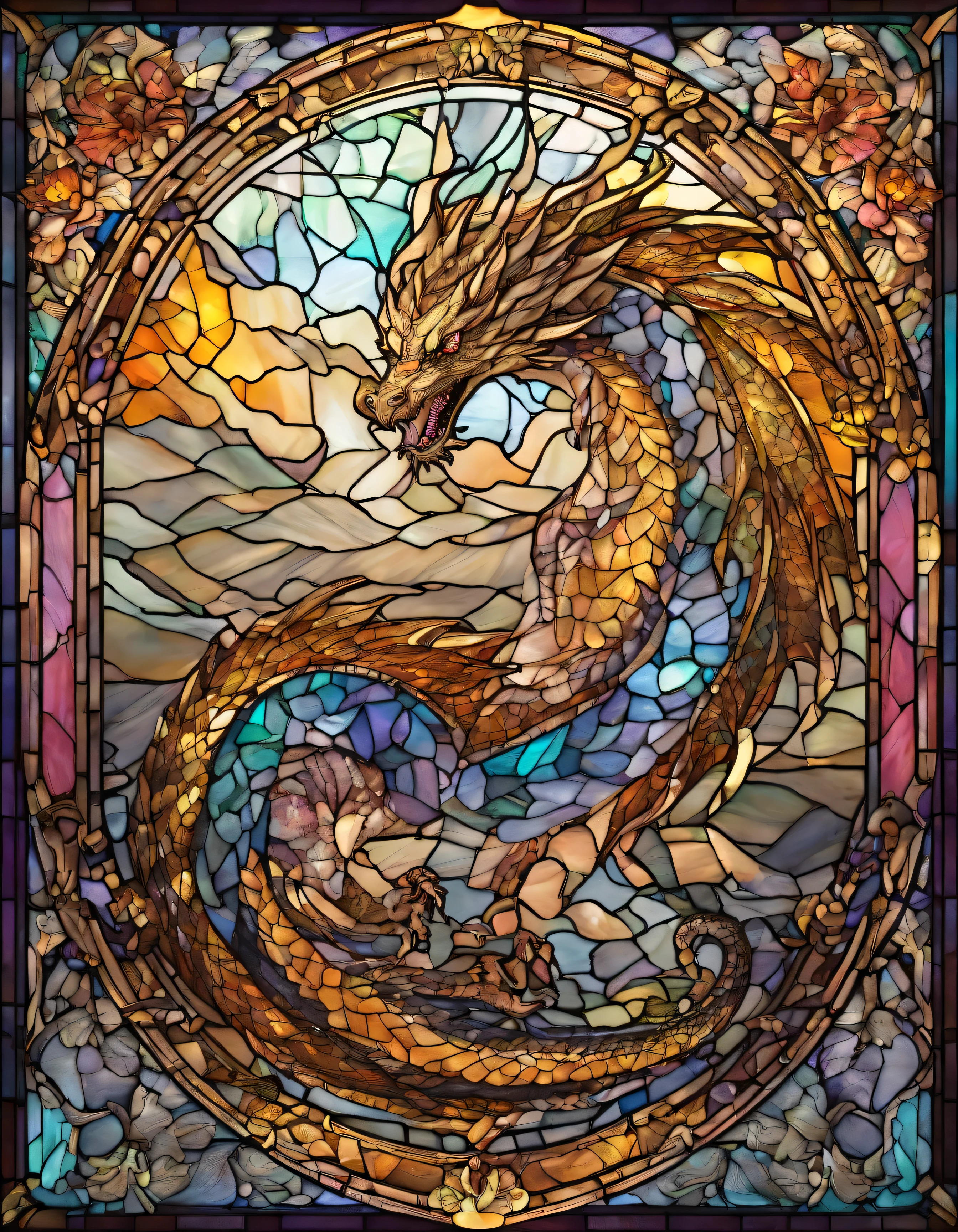 flying dragon、dragon、Rising Dragon, Innocence、Transparent glass、very elaborate stained glass、Amethyst Crystal, Iridescent Labradorite Crystals、Intricate and highly detailed backgrounds, Fantasy, Craftsmanship, Craftsmanship detailed, Complex