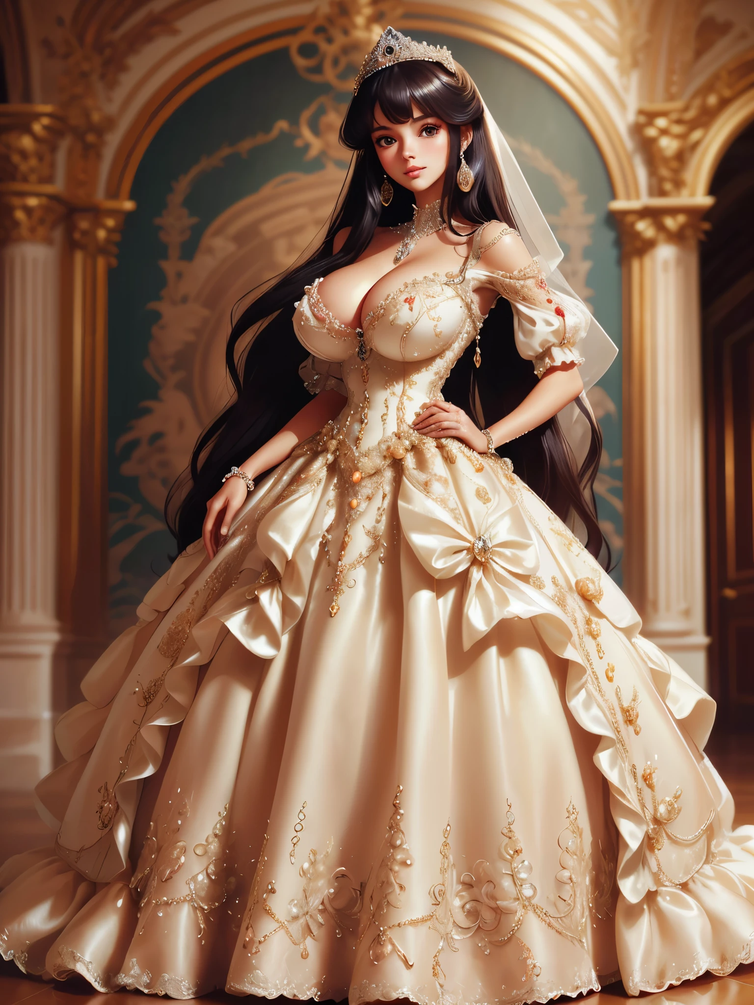 ((moe anime artstyle)),((Masterpiece)),(Best Quality),((Super Detail)),((Very Delicate and Beautiful)),((Solo)),full body,(((full body))),(((1 bling-bling princess in beautiful embroidery and jeweled gorgeous rococo ballgown with voluminous full length crinoline hoop skirt))),((((absurdly gigantic tits,absurdly sagging tits)))),((cleavage)),Skindentation,((detailed face and eyes)),jewel-like eyes,((crinoline,long train)),((standing in royal palace)),super detailed voluminous gorgeous rococo ballgown with voluminous full length crinoline hoop skirt,(((bling-bling voluminous gorgeous rococo princess ballgown with beautiful embroidery and jeweled))),((Very Long Straight Hair,large amount of straight hair, absurdly long Straight hair)),extremely gorgeousfull hair ornament,(extremely gorgeous jeweled big tiara),luxurious jewelry,full body,((beautiful embroidery and jeweled gorgeous rococo ballgown with voluminous full length crinoline hoop skirt))
 