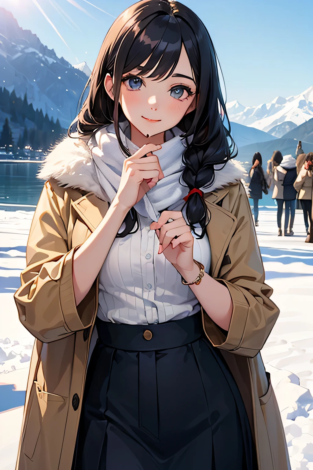 highest quality、High resolution、Detailed Background、(Beautiful face in every detail:1.4)、Anatomically correct、(Detailed facial expressions)、(Detailed eyes:1.2)、(Detailed eyes:1.2)、Beautiful, smooth skin、Beautiful women in their 20s、(Highly detailed face:1.4)、Cute color hair color、Braided long hair、Wavy Hairstyle、well-groomed eyebrows、Cute Eye Makeup、Cute Lip Makeup、In a joking manner、Do cute things、Winter Mountain、Lake Tazawa、A big smile、In the beautiful natural scenery、Spectacular natural scenery、Lake Tazawa, with its beautiful lapis lazuli surface、The snow-covered lakeside is mysterious in winter、Fit on one screen、
(Three beautiful women having fun with friends against the backdrop of a snowy mountain in the morning sun:1.5)、
For long skirts, choose shiny materials or tiered designs.、It can create a glamorous atmosphere、Try pairing a sheer top and a fluffy knit cardigan with a white monotone outfit.、We also recommend a sophisticated winter look that combines a grey ribbed knit with a blue long skirt.。The glossy feel of the skirt adds a subtle touch of glamour.、Wearing a beige no-collar coat will give you a neat and clean look.、Pair it with wide pants and short outerwear for a stylish and balanced look.、Wide pants have a loose silhouette and create a trendy look.、Tight and narrow skirts are also popular items that can create a slim silhouette.、Incorporating wintery accessories into your outfit will give you a seasonal look.、Stoles and scarves are items worn around the face, so if you choose bright colors, your face will look brighter.、Fur and boa accessories are also great for keeping you warm, so try adding them to your outfit to balance it out.
