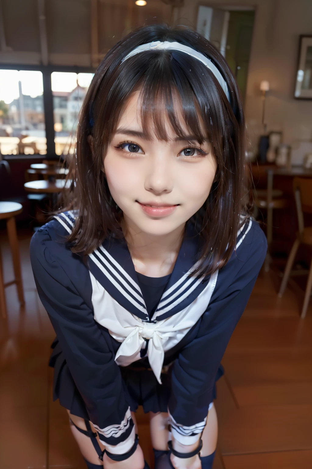 Sailor suit, One Woman, (Beautiful woman, delicate :1.3), Black Hair, Bobcut, bangs, (8k), (highest quality: 1.2), (Realistic), (Realistic: 1.37), (masterpiece), (Ultra-high resolution), (RAW Photos), (Absolute Resolution), (((face is small compared to body: 1.4))), (((Small face:１.4))), A balanced face, (Small Mouth: 1.4), ((Slim female body: 1.4)), Black Hair, (((long sleeve Sailor suit))), realistic high school girl, (((White headband))), Small breasts, Slanted Eyes, Bright Blue Eyes, (Cafe on the open terrace), Open your mouth, smile, Blurred, ((Full Body Shot)), Black Stockings, Black garter belt,