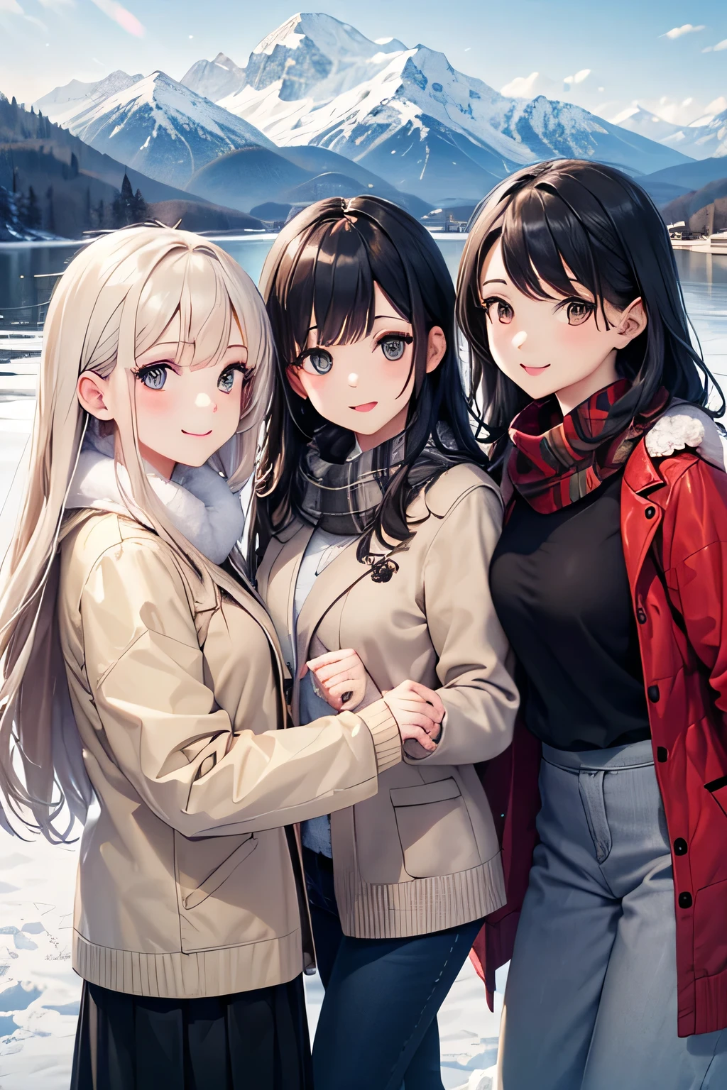 highest quality、High resolution、Detailed Background、(Beautiful face in every detail:1.4)、Anatomically correct、(Detailed facial expressions)、(Detailed eyes:1.2)、(Detailed eyes:1.2)、Beautiful, smooth skin、Beautiful women in their 20s、(Highly detailed face:1.4)、Cute color hair color、Braided long hair、Wavy Hairstyle、well-groomed eyebrows、Cute Eye Makeup、Cute Lip Makeup、In a joking manner、Do cute things、Winter Mountain、Lake Tazawa、A big smile、In the beautiful natural scenery、Spectacular natural scenery、Lake Tazawa, with its beautiful lapis lazuli surface、The snow-covered lakeside is mysterious in winter、Fit on one screen、
(Three beautiful women having fun with friends against the backdrop of a snowy mountain in the morning sun:1.5)、
For long skirts, choose shiny materials or tiered designs.、It can create a glamorous atmosphere、Try pairing a sheer top and a fluffy knit cardigan with a white monotone outfit.、We also recommend a sophisticated winter look that combines a grey ribbed knit with a blue long skirt.。The glossy feel of the skirt adds a subtle touch of glamour.、Wearing a beige no-collar coat will give you a neat and clean look.、Pair it with wide pants and short outerwear for a stylish and balanced look.、Wide pants have a loose silhouette and create a trendy look.、Tight and narrow skirts are also popular items that can create a slim silhouette.、Incorporating wintery accessories into your outfit will give you a seasonal look.、Stoles and scarves are items worn around the face, so if you choose bright colors, your face will look brighter.、Fur and boa accessories are also great for keeping you warm, so try adding them to your outfit to balance it out.