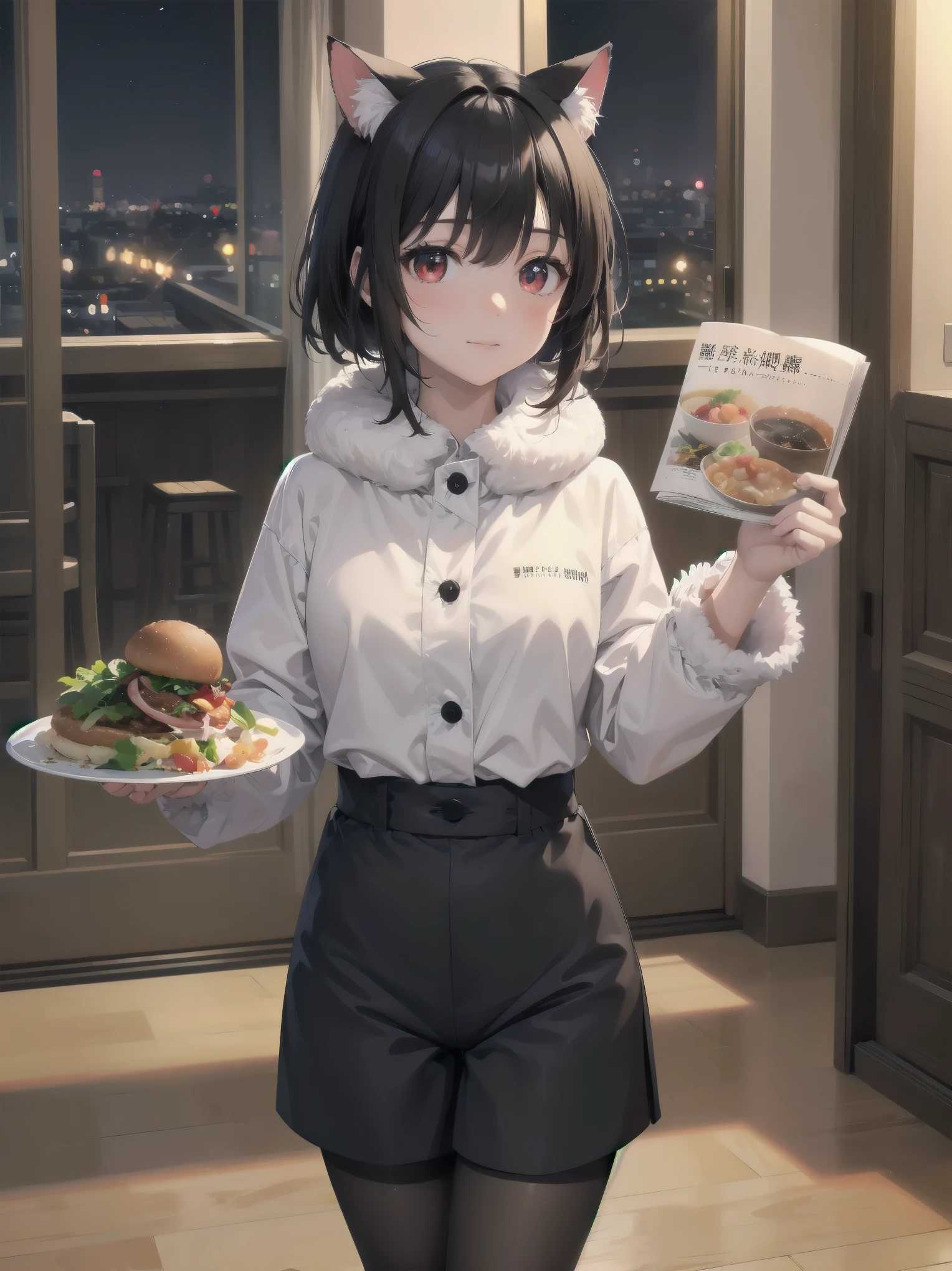 cute娘, One girl, 猫耳Food, ((cute)), masterpiece, highest quality, Perfect Face, Foodie, Food, look up, both hands, thin, fur, comfortable, warm, window, night, long Foodie, no_pants, 4K, wallpaper, close, Digital Art, Anime Style, Beautiful Eyes, Intimate, detailed, warm colors, Red eyes、Black pantyhose