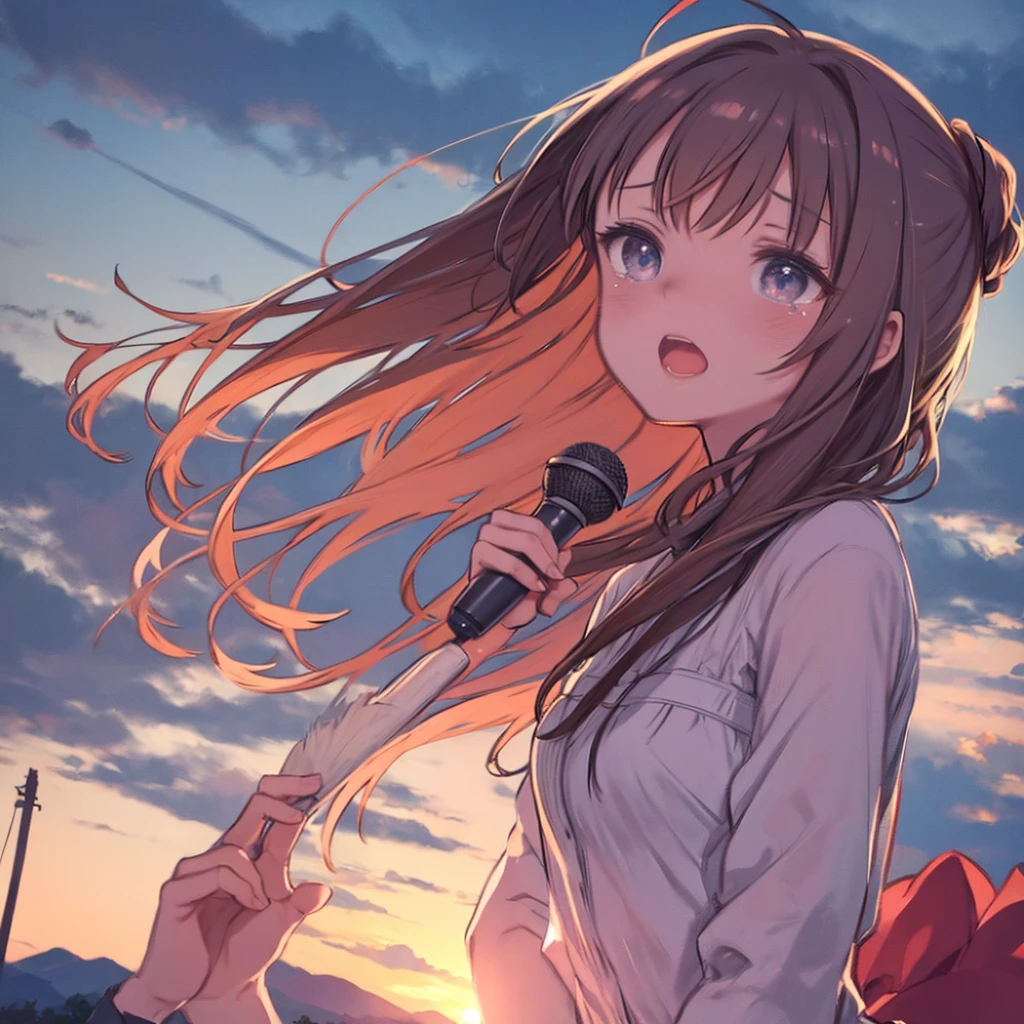 masterpiece、highest quality、High resolution、Very detailed、Beautiful eyeedium wide shot、Girl、evening、Sunset、top of the hill、grassland、tears、singing、Singing with your mouth open、