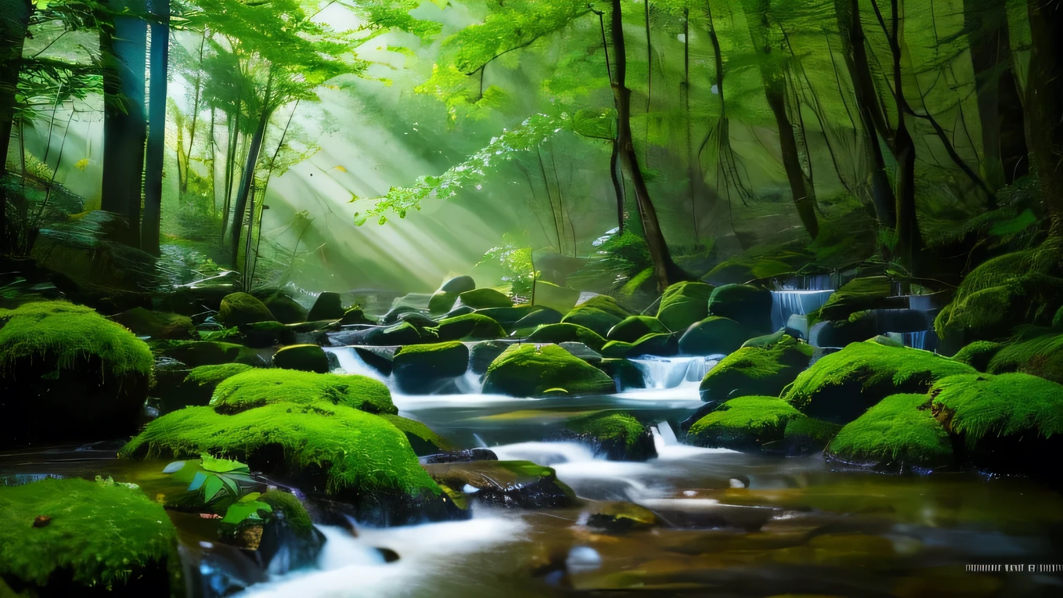 Nature、in the forest、Light fog、high school girl、stream、mossy rock、Light、Fern、mysterious