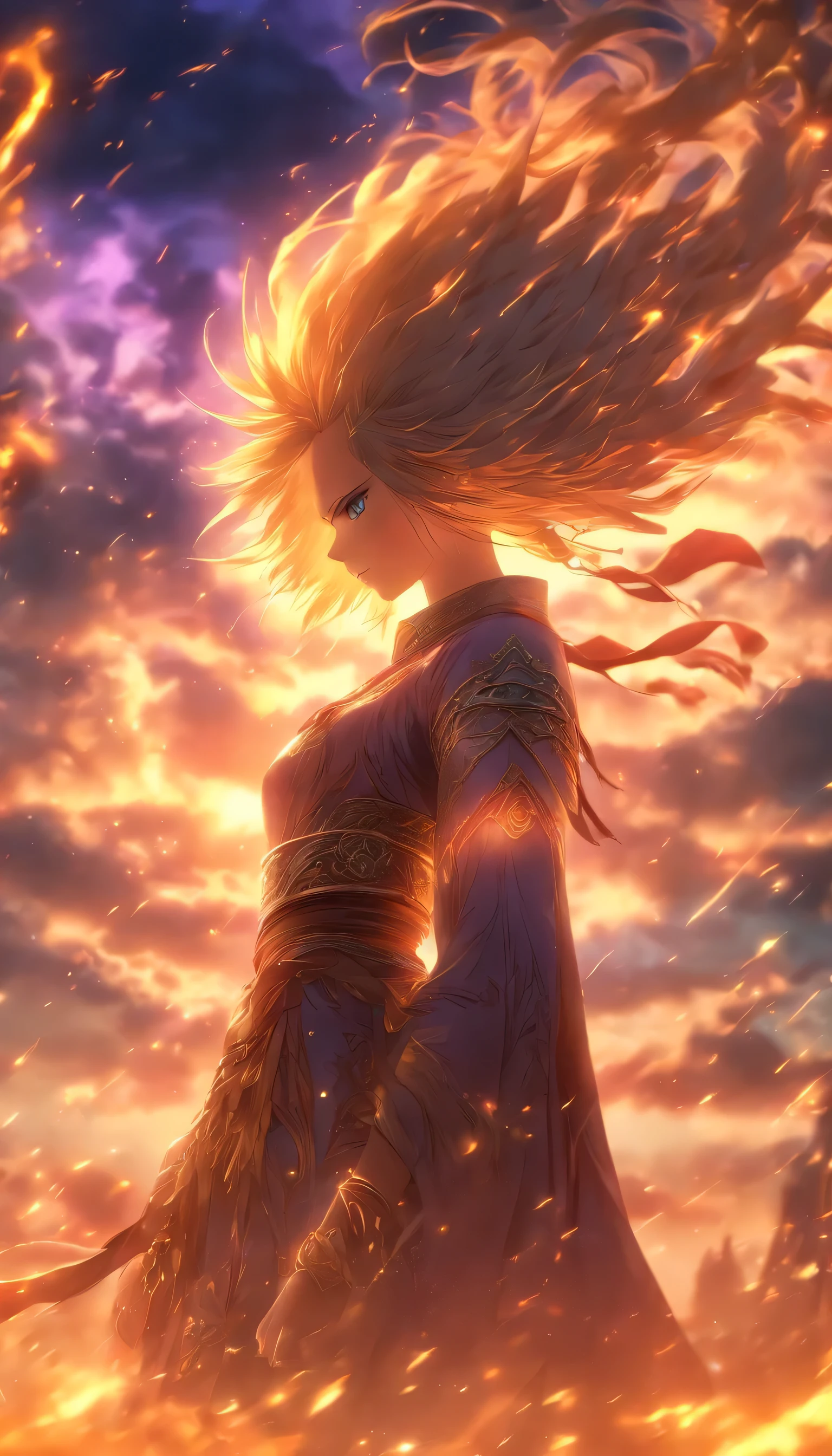 Elden ring Boss((High quality)), extremely detailed CG unity 8K wallpaper, Game CG,
1girl, Masterpiece, extremely detaile, (beautiful detailed glow), Short hair, Floating hair, Looking back, Blue eyes, Sunrise, Clouds, back lit lighting, Purple sky, Yellow sky, gradient sky, Place your hands on your hat