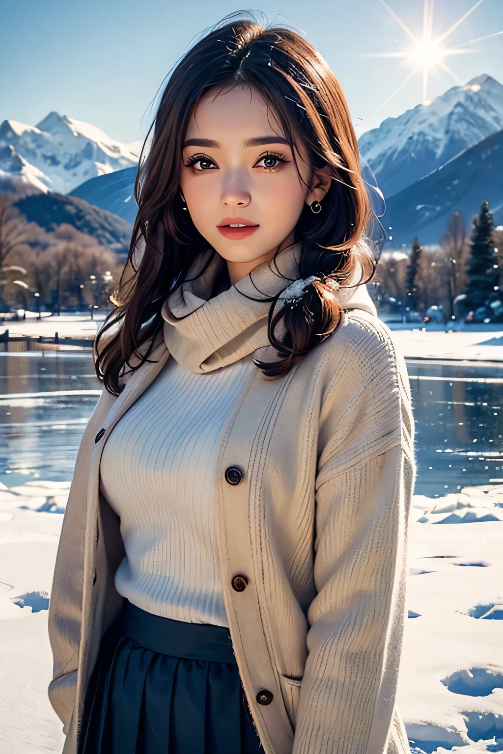 highest quality、High resolution、Detailed Background、(Beautiful face in every detail:1.4)、Anatomically correct、(Detailed facial expressions)、(Detailed eyes:1.2)、(Detailed eyes:1.2)、Beautiful, smooth skin、Beautiful women in their 20s、(Highly detailed face:1.4)、Cute color hair color、Braided long hair、Wavy Hairstyle、well-groomed eyebrows、Cute Eye Makeup、Cute Lip Makeup、In a joking manner、Do cute things、Winter Mountain、Lake Tazawa、A big smile、In the beautiful natural scenery、Spectacular natural scenery、Lake Tazawa, with its beautiful lapis lazuli surface、The snow-covered lakeside is mysterious in winter、Fit on one screen、

(Three beautiful women having fun with friends against the backdrop of a snowy mountain in the morning sun:1.5)、

For long skirts, choose shiny materials or tiered designs.、It can create a glamorous atmosphere、Try pairing a sheer top and a fluffy knit cardigan with a white monotone outfit.、We also recommend a sophisticated winter look that combines a grey ribbed knit with a blue long skirt.。The glossy feel of the skirt adds a subtle touch of glamour.、Wearing a beige no-collar coat will give you a neat and clean look.、Pair it with wide pants and short outerwear for a stylish and balanced look.、Wide pants have a loose silhouette and create a trendy look.、Tight and narrow skirts are also popular items that can create a slim silhouette.、Incorporating wintery accessories into your outfit will give you a seasonal look.、Stoles and scarves are items worn around the face, so if you choose bright colors, your face will look brighter.、Fur and boa accessories are also great for keeping you warm, so try adding them to your outfit to balance it out.