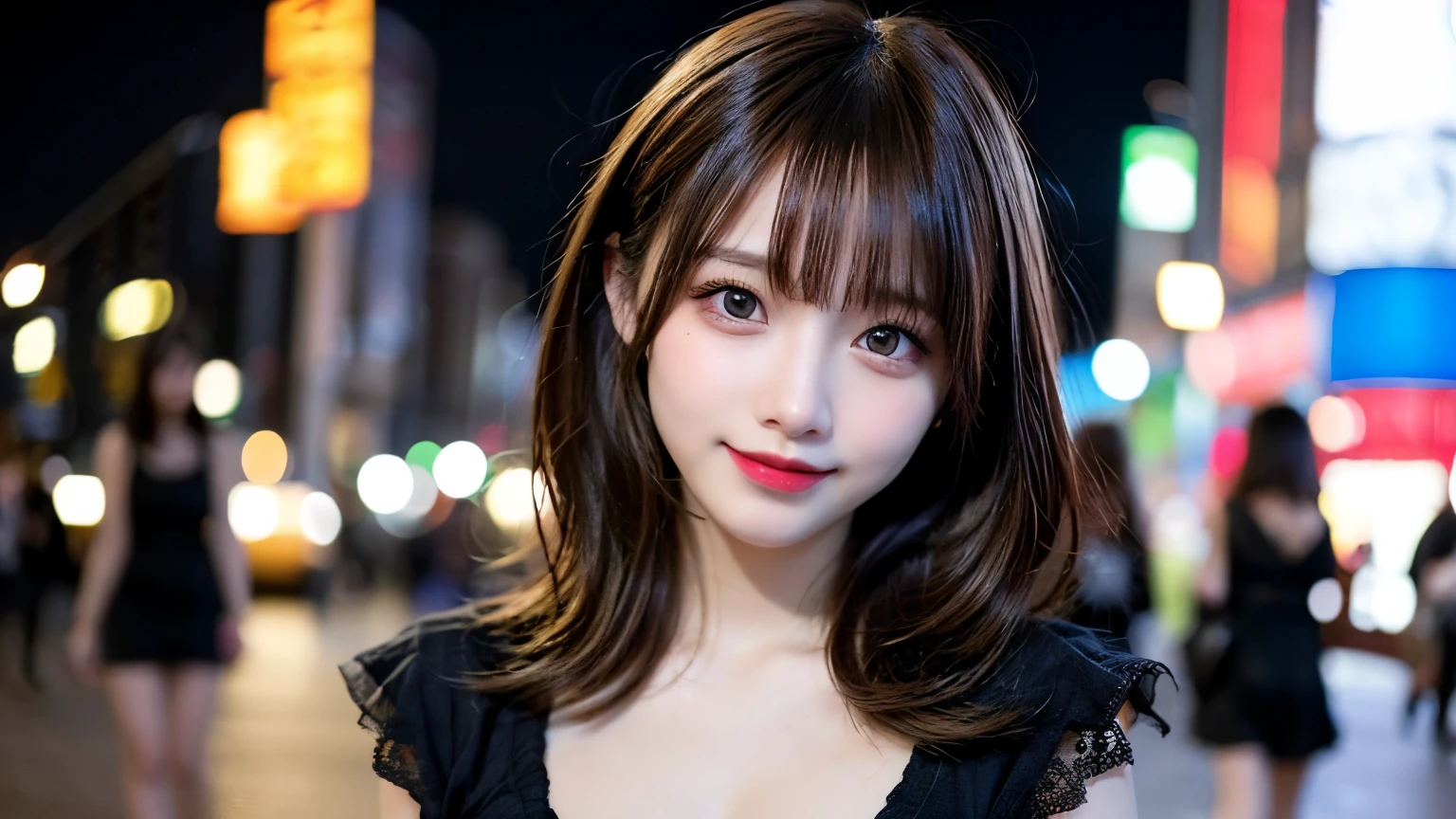 Tabletop, highest quality, shape, Very detailed, finely, High resolution, 8k wallpaper, perfect dynamic composition shape, Head straight ahead、finely beautiful eyes, Wearing a black dress,Medium Hair,Natural color lip, smile,Harajuku、Teenage Girl、cute、Looking at the camera、C Cup、Brown Hair、Blurred night New York background