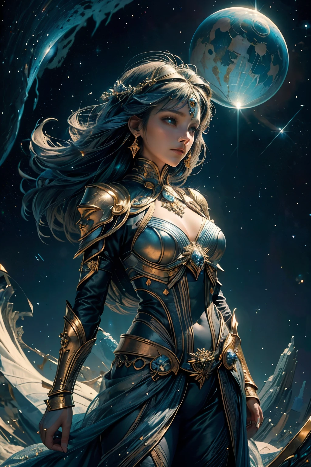 Portrait of a young huge beautiful girl, standing at the edge of the universe, worthwhile gitl:1.2, (low contrast ), colorfantasystyle, 3d, expanse sci-fi space landscape Ceres colony, difficult, very detailed, digital painting, Lots of colors, smooth, Sharp Focus, illustration, unreal engine 5, 8 K, art by Artgerm and Greg Rutkowski and Alphonse Mucha , art to the middle of the road