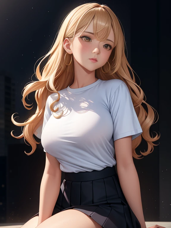 (highest quality:1.5, High resolution, 超High resolution, 4K, Detailed lighting, Shaders), White curly floral hair, Gradient Hair, Large Breasts, suit, T-Shirts, Social Shirts, Short skirt, Mature Woman , (throw), White Background, Colorful eyeshadow, Dramatic lighting, Sparkling eyes, Sensual expression, Gold earrings, Flowing Hair, Delicate facial features, Brown Skin, high cheekbones, urban environment, Black background, don't look for the camera, Lean forward, Behind the Camera、Camel Toe、Giant tit、Nipple Puffs、Cleavage、Plump、Super big breasts、Super big butt、Super big breasts
