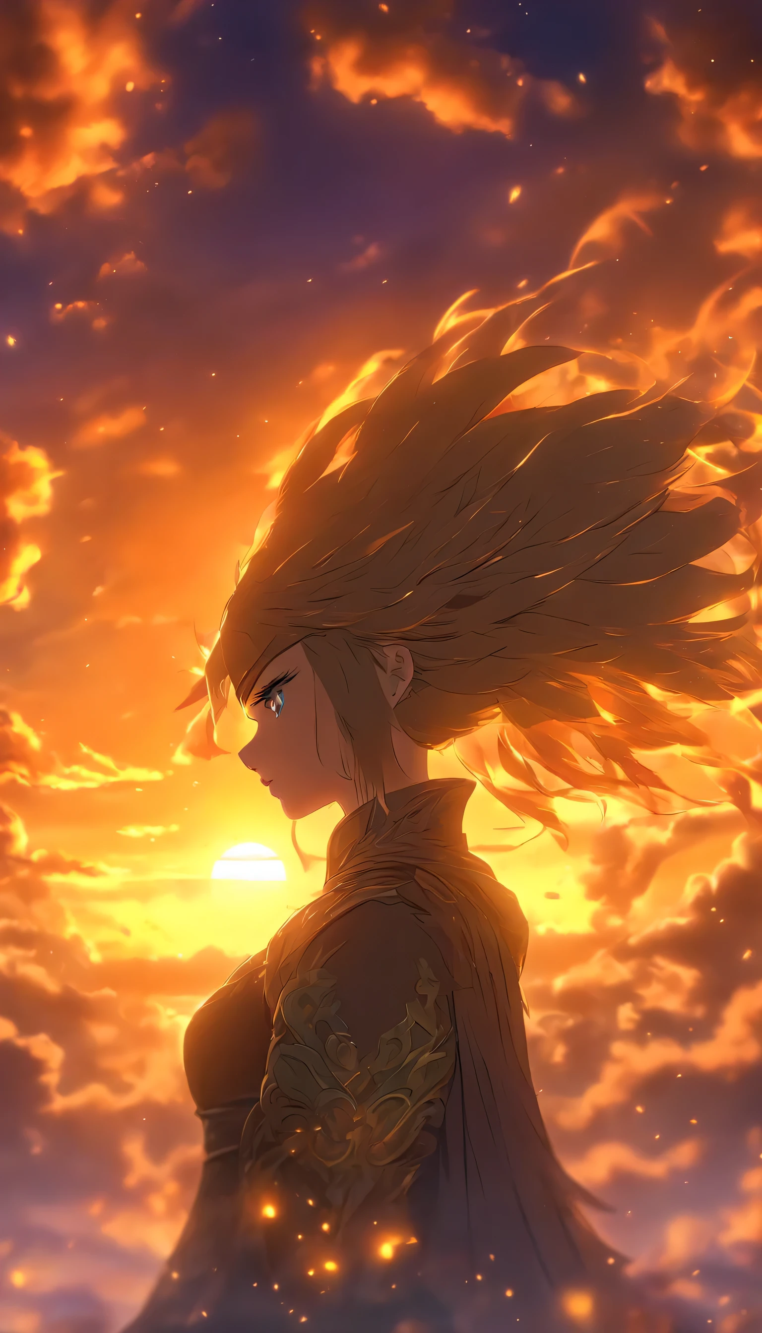 Elden ring Boss((High quality)), extremely detailed CG unity 8K wallpaper, Game CG,
1girl, Masterpiece, extremely detaile, (beautiful detailed glow), Short hair, Floating hair, Looking back, Blue eyes, Sunrise, Clouds, back lit lighting, Purple sky, Yellow sky, gradient sky, Place your hands on your hat
