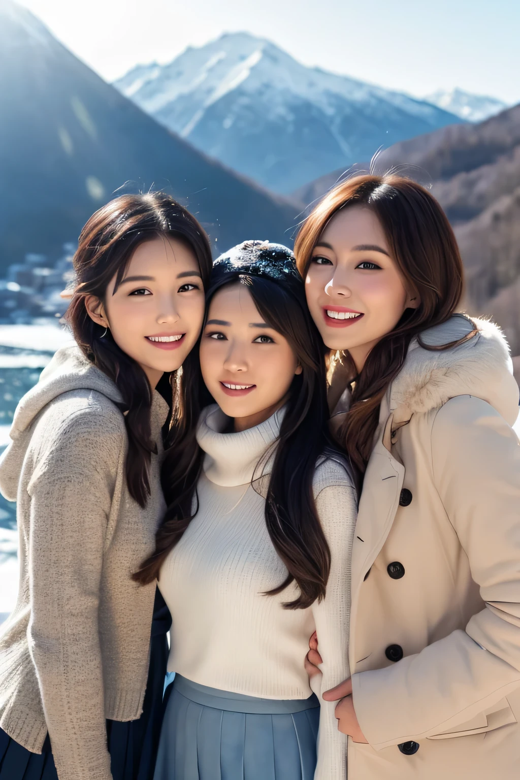 highest quality、High resolution、Detailed Background、(Beautiful face in every detail:1.4)、Anatomically correct、(Detailed facial expressions)、(Detailed eyes:1.2)、(Detailed eyes:1.2)、Beautiful, smooth skin、Beautiful women in their 20s、(Highly detailed face:1.4)、Cute color hair color、Braided long hair、Wavy Hairstyle、well-groomed eyebrows、Cute Eye Makeup、Cute Lip Makeup、In a joking manner、Do cute things、Winter Mountain、Lake Tazawa、A big smile、In the beautiful natural scenery、Spectacular natural scenery、Lake Tazawa, with its beautiful lapis lazuli surface、The snow-covered lakeside is mysterious in winter、Fit on one screen、

(Three beautiful women having fun with friends against the backdrop of a snowy mountain in the morning sun:1.5)、

For long skirts, choose shiny materials or tiered designs.、It can create a glamorous atmosphere、Try pairing a sheer top and a fluffy knit cardigan with a white monotone outfit.、We also recommend a sophisticated winter look that combines a grey ribbed knit with a blue long skirt.。The glossy feel of the skirt adds a subtle touch of glamour.、Wearing a beige no-collar coat will give you a neat and clean look.、Pair it with wide pants and short outerwear for a stylish and balanced look.、Wide pants have a loose silhouette and create a trendy look.、Tight and narrow skirts are also popular items that can create a slim silhouette.、Incorporating wintery accessories into your outfit will give you a seasonal look.、Stoles and scarves are items worn around the face, so if you choose bright colors, your face will look brighter.、Fur and boa accessories are also great for keeping you warm, so try adding them to your outfit to balance it out.