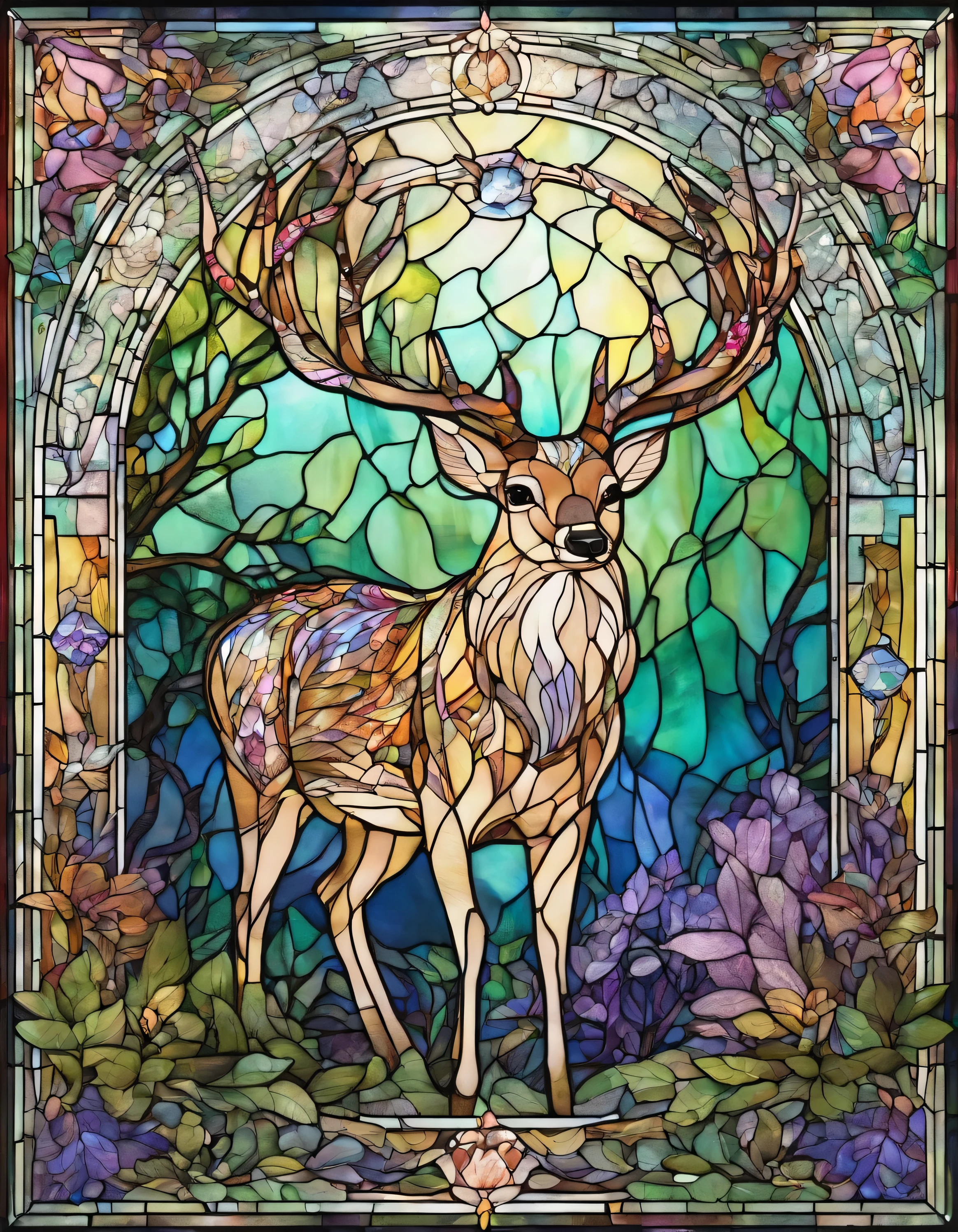 deer、forest, Innocence、Transparent glass、very elaborate stained glass、Amethyst Crystal, Iridescent Labradorite Crystals、Intricate and highly detailed backgrounds, Fantasy, Craftsmanship, Craftsmanship detailed, Complex