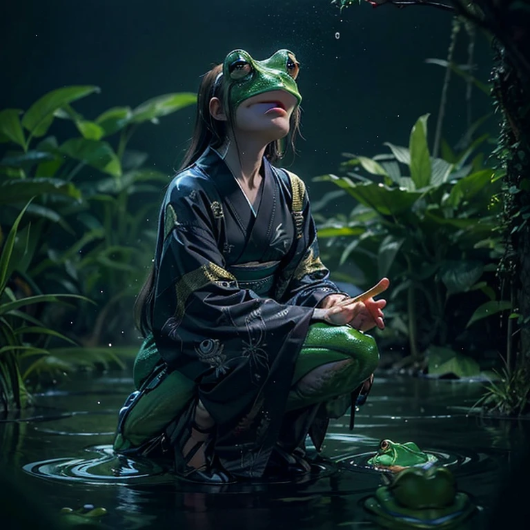 (highest quality、4k、8k、High resolution、masterpiece: 1.2)、Super detailed、(Real、Photorealistic、Photorealistic: 1.37)、Full Body Portrait、media: Fantasy、Horror、ダーク Fantasy、Creatures、ハイブリッド Creatures、(Anatomically correct fingers: 1.4 )、(The upper body of a beautiful young woman)and((A hybrid creature with the lower body of a frog: 1.5))、(Squats with legs open:1.5)、Visualization of mythical creatures、yukata、At night in the swamp、Dark atmosphere、Dim color、Spooky lighting、looking at the camera