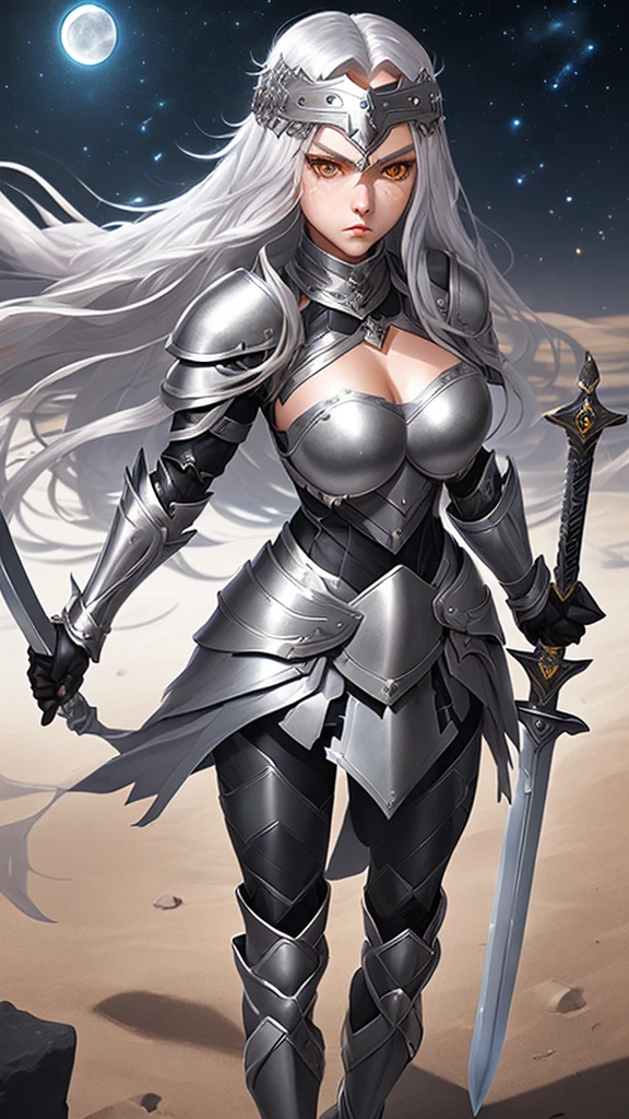 Girl with long silver hair, golden eyes, silver forehead protector, black armor, chest, , iron armor skirt, iron boots, sword, night sky, moon