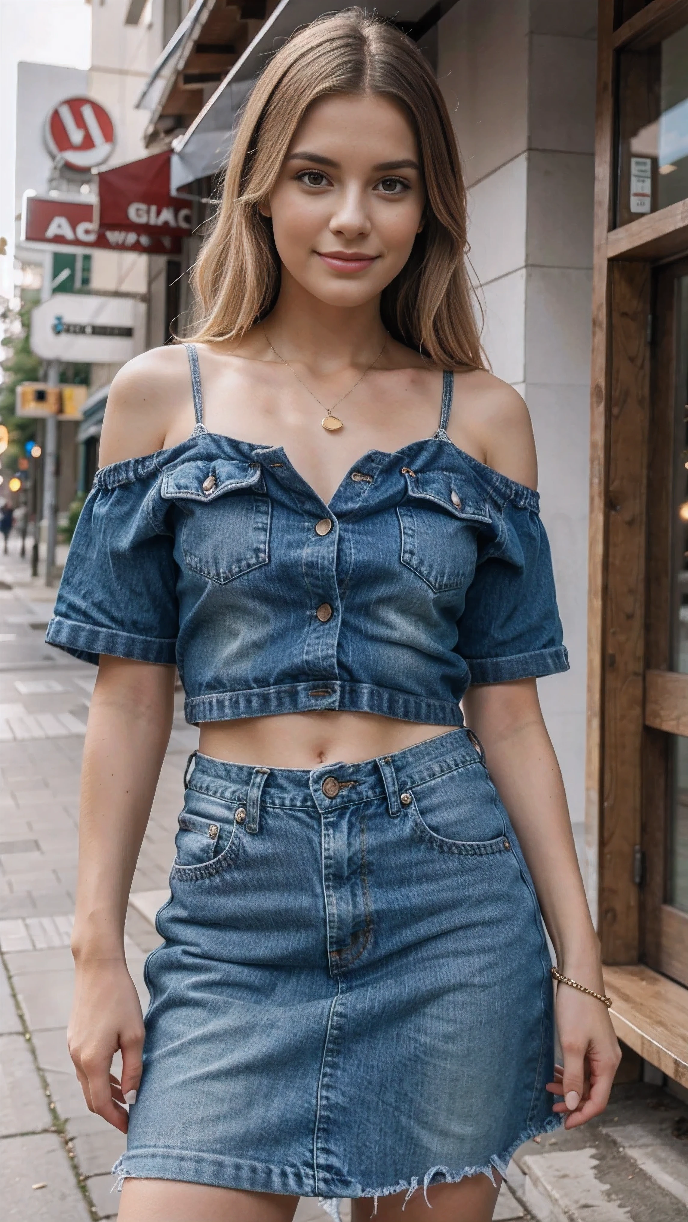 blonde girl, smiling, wearing a gorgeous full set detailed short denim skirt, tops and western fashion trends, (best quality,4k,8k,16k,Highest,masterpiece:1.3),(realistic,photo-realistic,photorealistic:1.4),