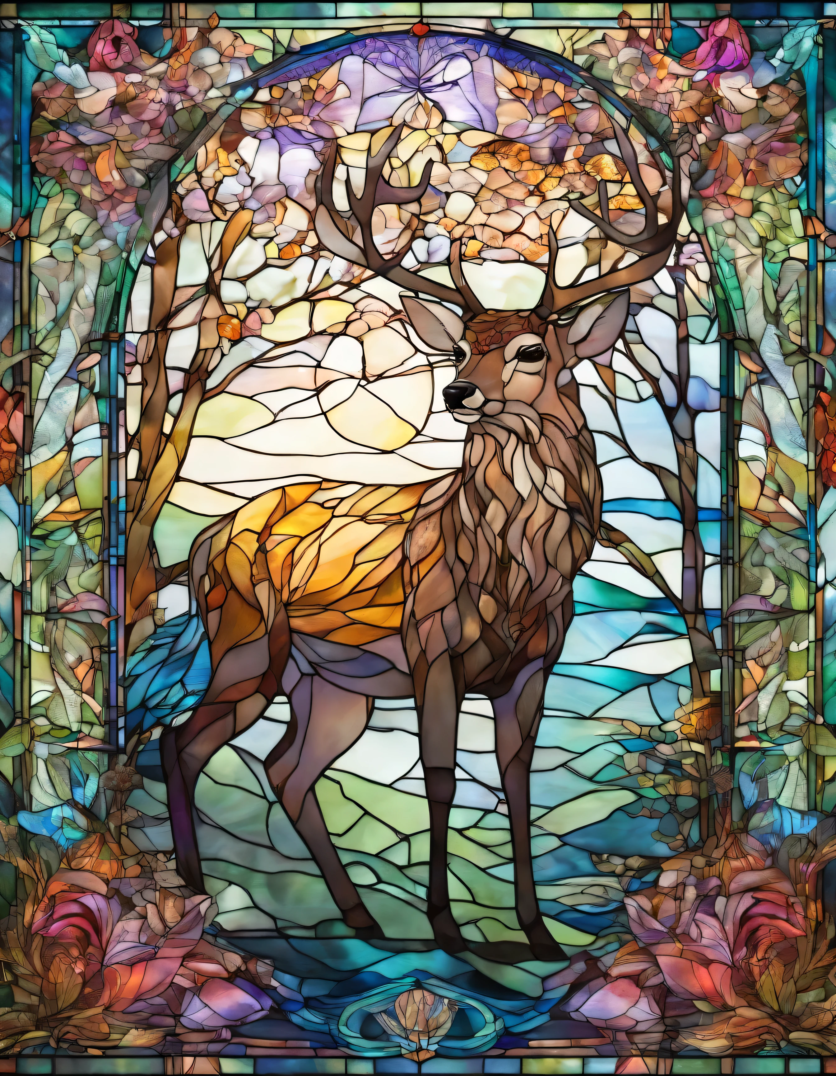 deer、forest, Innocence、Transparent glass、very elaborate stained glass、Amethyst Crystal, Iridescent Labradorite Crystals、Intricate and highly detailed backgrounds, Fantasy, Craftsmanship, Craftsmanship detailed, Complex