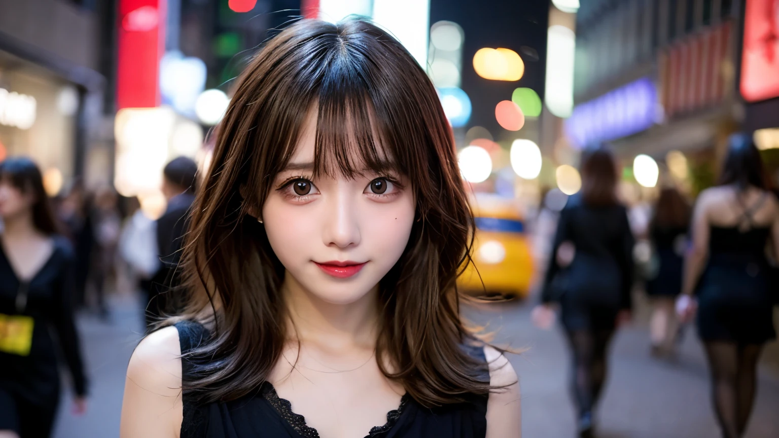 Tabletop, highest quality, shape, Very detailed, finely, High resolution, 8k wallpaper, perfect dynamic composition shape, Head straight ahead、finely beautiful eyes, Wearing a black dress,Medium Hair,Natural color lip, smile,Harajuku、Teenage Girl、cute、Looking at the camera、C Cup、Brown Hair、Blurred night New York background