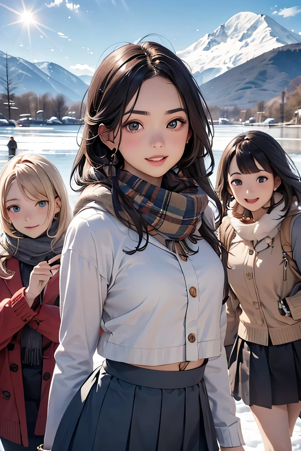 highest quality、High resolution、Detailed Background、(Beautiful face in every detail:1.4)、Anatomically correct、(Detailed facial expressions)、(Detailed eyes:1.2)、(Detailed eyes:1.2)、Beautiful, smooth skin、Beautiful women in their 20s、(Highly detailed face:1.4)、Cute color hair color、Braided long hair、Wavy Hairstyle、well-groomed eyebrows、Cute Eye Makeup、Cute Lip Makeup、In a joking manner、Do cute things、Winter Mountain、Lake Tazawa、A big smile、In the beautiful natural scenery、Spectacular natural scenery、Lake Tazawa, with its beautiful lapis lazuli surface、The snow-covered lakeside is mysterious in winter、Fit on one screen、

(Three beautiful women having fun with friends against the backdrop of a snowy mountain in the morning sun:1.5)、

For long skirts, choose shiny materials or tiered designs.、It can create a glamorous atmosphere、Try pairing a sheer top and a fluffy knit cardigan with a white monotone outfit.、We also recommend a sophisticated winter look that combines a grey ribbed knit with a blue long skirt.。The glossy feel of the skirt adds a subtle touch of glamour.、Wearing a beige no-collar coat will give you a neat and clean look.、Pair it with wide pants and short outerwear for a stylish and balanced look.、Wide pants have a loose silhouette and create a trendy look.、Tight and narrow skirts are also popular items that can create a slim silhouette.、Incorporating wintery accessories into your outfit will give you a seasonal look.、Stoles and scarves are items worn around the face, so if you choose bright colors, your face will look brighter.、Fur and boa accessories are also great for keeping you warm, so try adding them to your outfit to balance it out.