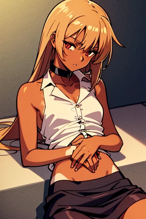 ((masterpiece)), (detailed), anime tan woman wearing a v-neck button-up Collar shirt, (bare shoulders), (bare arms), (skirt), (long hair), starving, (resting hands on the stomach), (hands on the stomach)