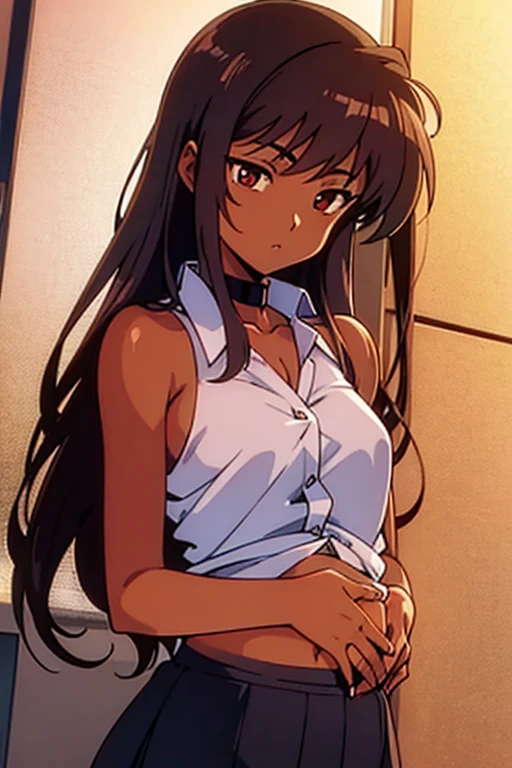 A charming and lovely young woman with messy dark hair stands confidently in the middle of an alleyway, filled with debris. She wears a thin white shirt that is completely unbuttoned, revealing her pink underwear, and thin white pajama shorts that reveal her pink underwear, and her sexy expression reflects her determination and endurance, as she crosses her arms behind her orance, revealing a strong and defiant aura. The natural light of the sunset is beautiful and the colors are sharp 8k.
