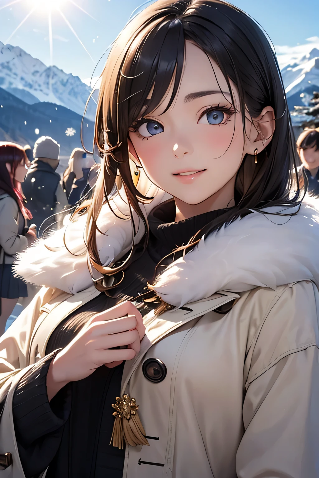 highest quality、High resolution、Detailed Background、(Beautiful face in every detail:1.4)、Anatomically correct、(Detailed facial expressions)、(Detailed eyes:1.2)、(Detailed eyes:1.2)、Beautiful, smooth skin、Beautiful women in their 20s、(Highly detailed face:1.4)、Cute color hair color、Braided long hair、Wavy Hairstyle、well-groomed eyebrows、Cute Eye Makeup、Cute Lip Makeup、In a joking manner、Do cute things、Winter Mountain、Lake Tazawa、A big smile、In the beautiful natural scenery、Spectacular natural scenery、Lake Tazawa, with its beautiful lapis lazuli surface、The snow-covered lakeside is mysterious in winter、Fit on one screen、
(Three beautiful women having fun with friends against the backdrop of a snowy mountain in the morning sun:1.5)、
For long skirts, choose shiny materials or tiered designs.、It can create a glamorous atmosphere、Try pairing a sheer top and a fluffy knit cardigan with a white monotone outfit.、We also recommend a sophisticated winter look that combines a grey ribbed knit with a blue long skirt.。The glossy feel of the skirt adds a subtle touch of glamour.、Wearing a beige no-collar coat will give you a neat and clean look.、Pair it with wide pants and short outerwear for a stylish and balanced look.、Wide pants have a loose silhouette and create a trendy look.、Tight and narrow skirts are also popular items that can create a slim silhouette.、Incorporating wintery accessories into your outfit will give you a seasonal look.、Stoles and scarves are items worn around the face, so if you choose bright colors, your face will look brighter.、Fur and boa accessories are also great for keeping you warm, so try adding them to your outfit to balance it out.