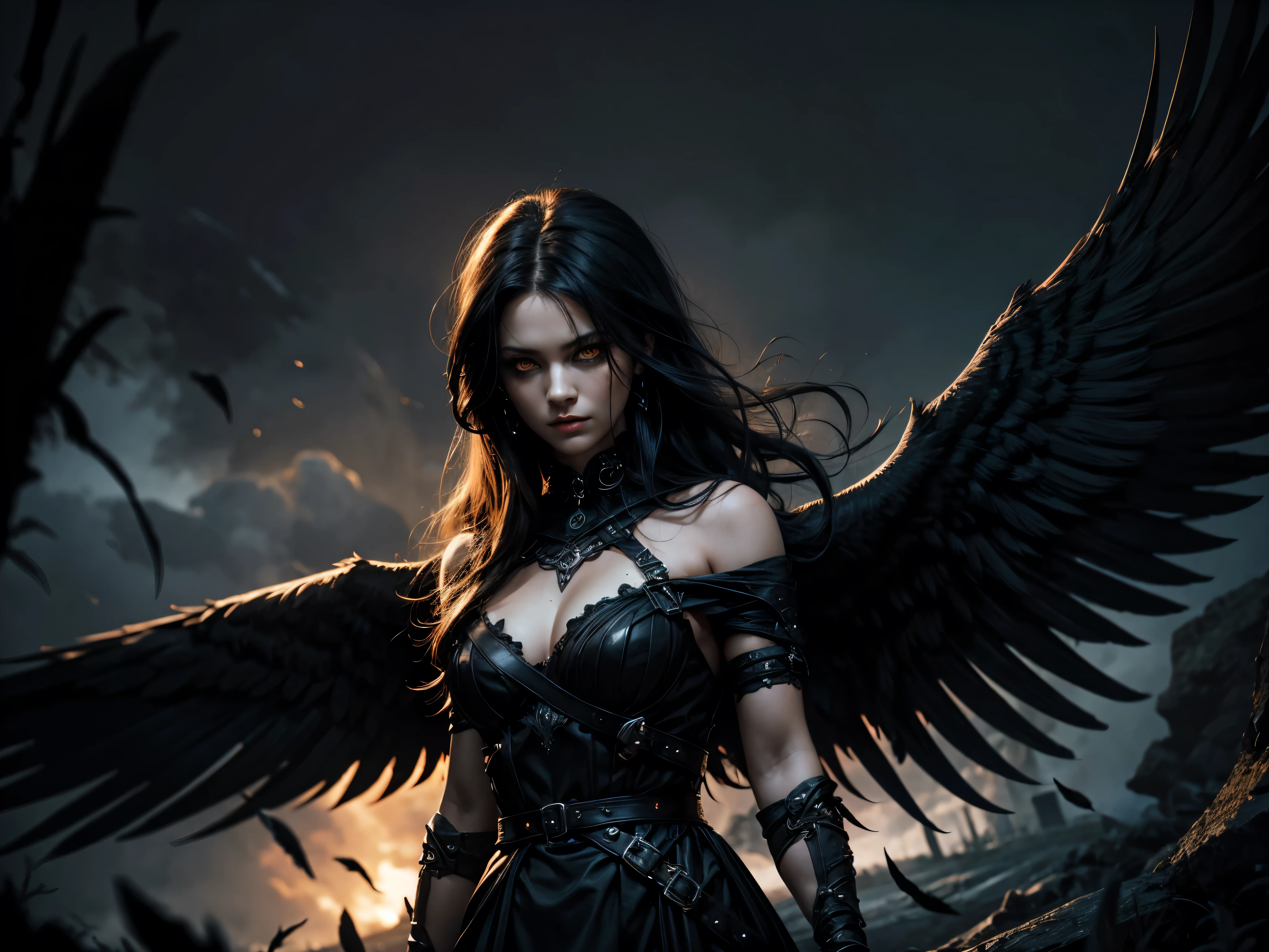 1 Woman, viking, orange Eyes, Black Feathered Wings, Black Dress, Horror, Darkness, Dark Setting, Looking At Camera, Best Quality, Accurate, 4K,