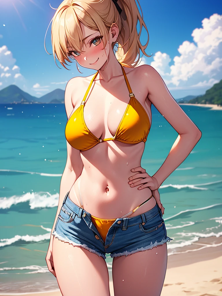 (highest quality, High resolution, perfect pixel, Depth of bounds written, 4K), (from front), beach, detailed eyes, (1 lady), tall, (skinny body:1.2) , (thin thighs:1.2), (Narrow hips), large breasts, blond hair, (ponytail:1.2), (denim short pants yellow bikini:1.2), (unbutton:1.3), (cross halter bikini), (rio cut pants), (panty strap:1.3), (standing), left Hand on Hip, (arm behind head), (seductive smile), blush, sweat, 