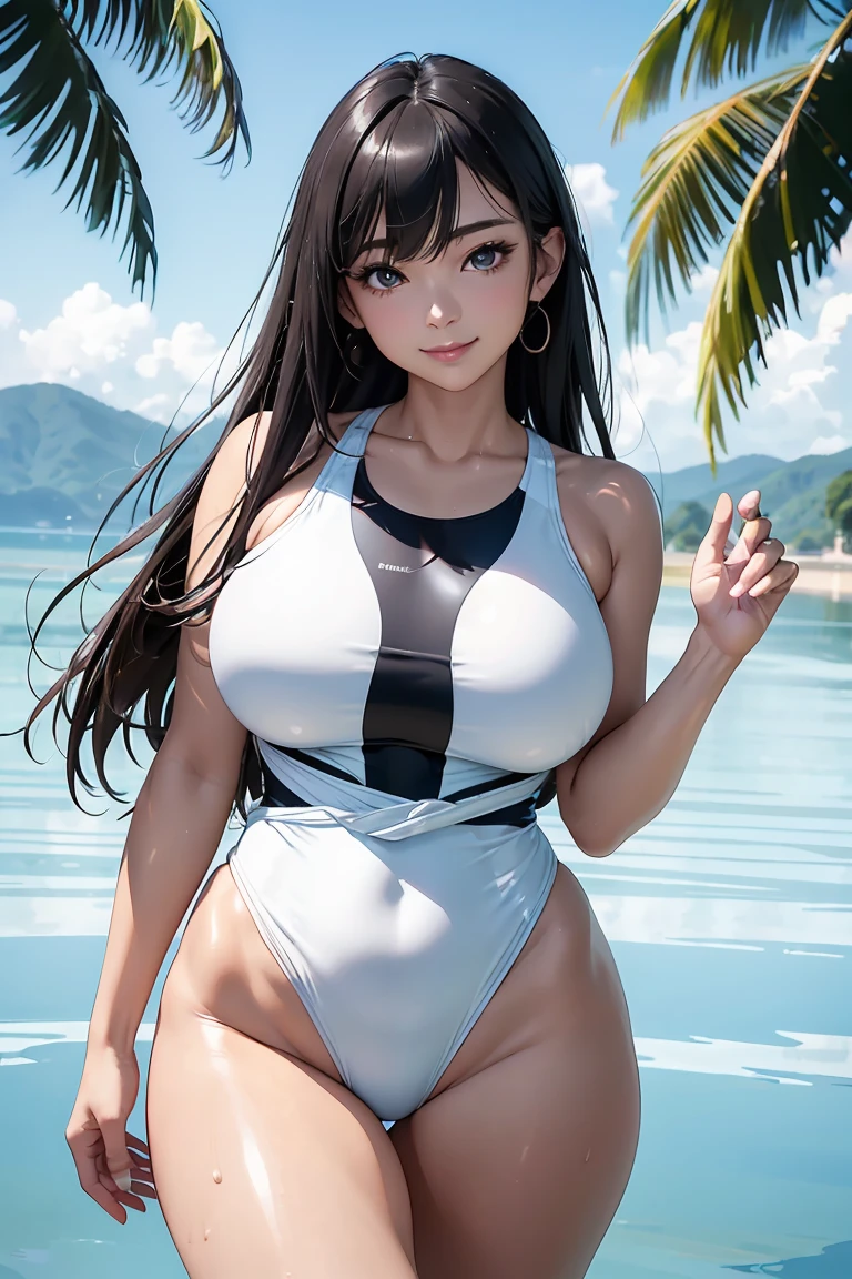 high resolution, extremely detailed CG, unity 8k wallpaper, super detailed skin, perfect anatomy, detailed, cinematic lighting, dynamic lighting, beautiful detailed eyes, High Resolution、Ultra HD、Top quality、Extremely detailed image quality、Realistic woman、A big smile、(1girl:1.8)、Japanese、Peaceful face、45-year-old woman、milf 、Plump body、belly button、Black Hair、long、Shiny skin、Skin that is very shiny after applying oil、High gloss skin、Facing forward、Feminine standing posture、The whole body is reflected、Beach、Woman wearing(white one-piece swimsuit:1.5), (High leg:1.2), (Reflection of light:1.4), High legパンティー, (Bursting huge breasts、Valley、Shiny skin、Glossy skin、Glowing Skin、High gloss skin:1.4)、