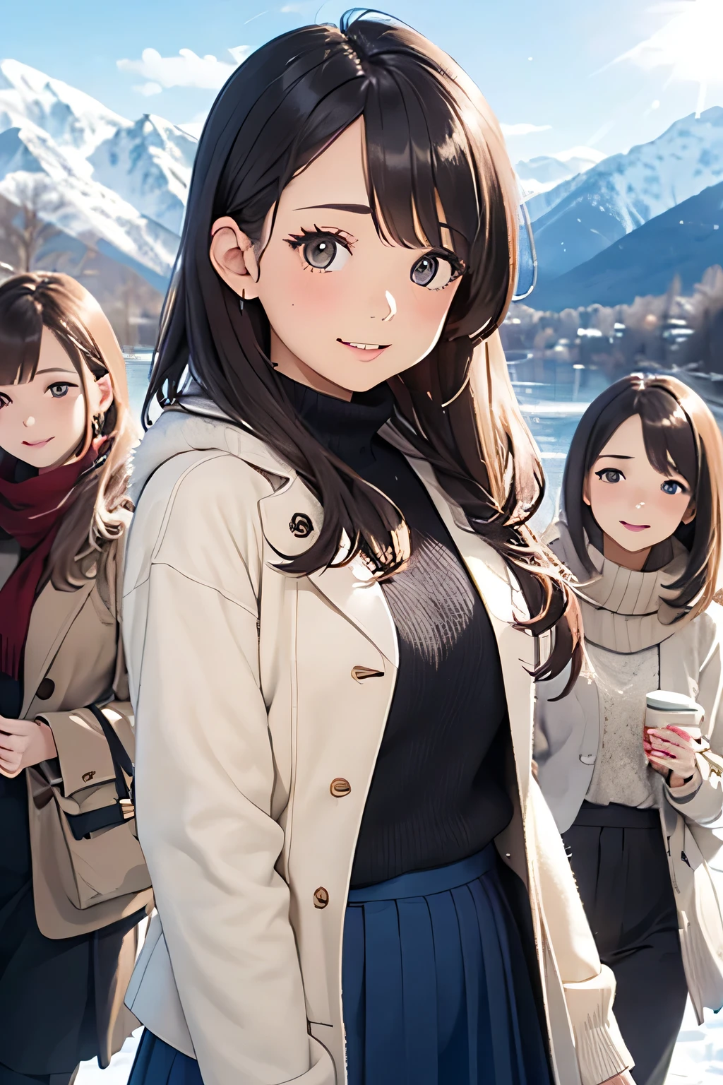 highest quality、High resolution、Detailed Background、(Beautiful face in every detail:1.4)、Anatomically correct、(Detailed facial expressions)、(Detailed eyes:1.2)、(Detailed eyes:1.2)、Beautiful, smooth skin、Beautiful women in their 20s、(Highly detailed face:1.4)、Cute color hair color、Braided long hair、Wavy Hairstyle、well-groomed eyebrows、Cute Eye Makeup、Cute Lip Makeup、In a joking manner、Do cute things、Winter Mountain、Lake Tazawa、A big smile、In the beautiful natural scenery、Spectacular natural scenery、Lake Tazawa, with its beautiful lapis lazuli surface、The snow-covered lakeside is mysterious in winter、Fit on one screen、

(Three beautiful women having fun with friends against the backdrop of a snowy mountain in the morning sun:1.5)、

For long skirts, choose shiny materials or tiered designs.、It can create a glamorous atmosphere、Try pairing a sheer top and a fluffy knit cardigan with a white monotone outfit.、We also recommend a sophisticated winter look that combines a grey ribbed knit with a blue long skirt.。The glossy feel of the skirt adds a subtle touch of glamour.、Wearing a beige no-collar coat will give you a neat and clean look.、Pair it with wide pants and short outerwear for a stylish and balanced look.、Wide pants have a loose silhouette and create a trendy look.、Tight and narrow skirts are also popular items that can create a slim silhouette.、Incorporating wintery accessories into your outfit will give you a seasonal look.、Stoles and scarves are items worn around the face, so if you choose bright colors, your face will look brighter.、Fur and boa accessories are also great for keeping you warm, so try adding them to your outfit to balance it out.