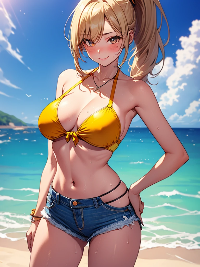 (highest quality, High resolution, perfect pixel, Depth of bounds written, 4K), (from front), beach, detailed eyes, (1 lady), tall, (skinny body:1.2) , (thin thighs:1.2), (Narrow hips), large breasts, blond hair, (ponytail:1.2), (denim short pants yellow bikini:1.2), (unbutton:1.3), (cross halter bikini), (rio cut pants), (panty strap:1.3), (standing), left Hand on Hip, (arm behind head), (seductive smile), blush, sweat, 