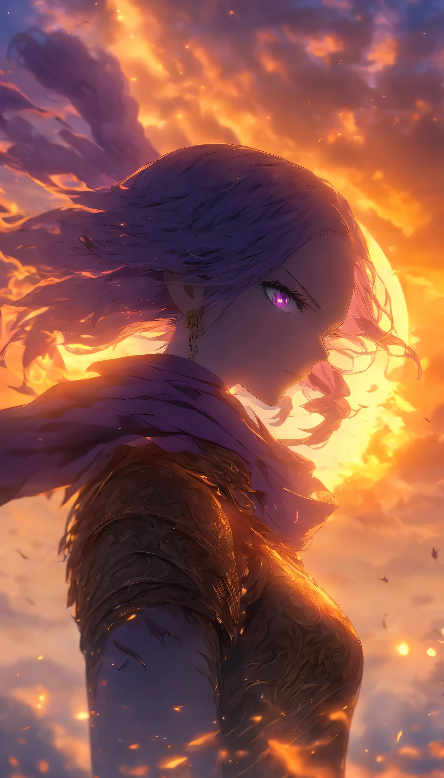 Elden ring boss, 1girl, Masterpiece, extremely detaile, (beautiful detailed glow), Short hair, Floating hair, Looking back, Blue eyes, Sunrise, Clouds, back lit lighting, Purple sky, Yellow sky, gradient sky,