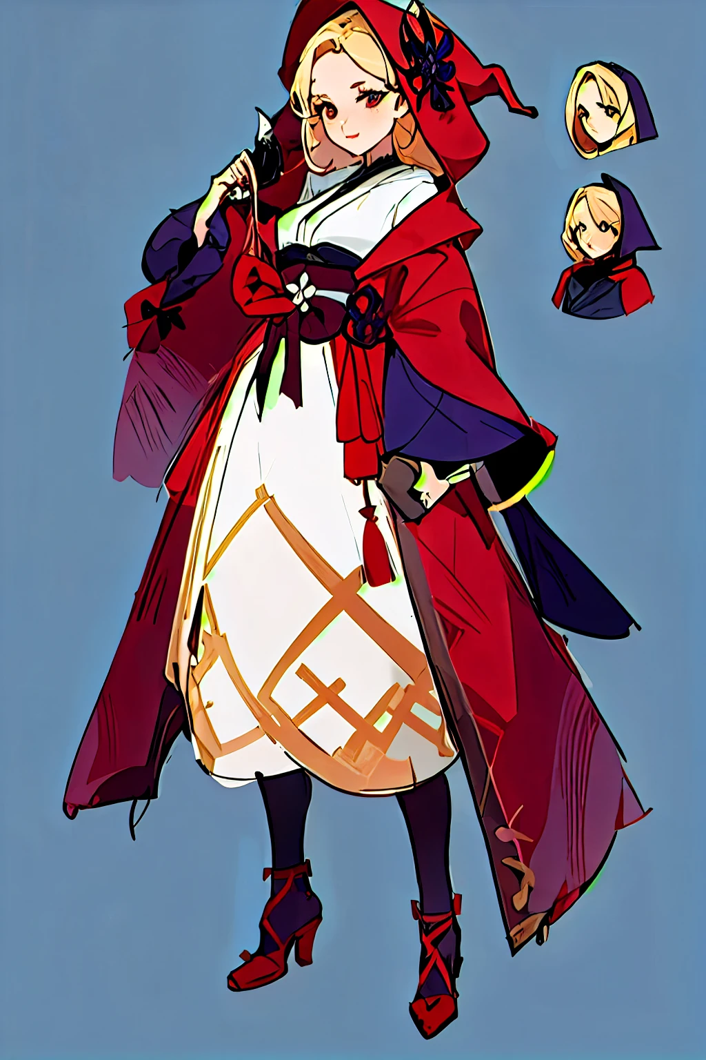 a drawing of a woman in a red coat and a blue dress, mewer style, character design : : gothic, [ character design ], dark witch character, red hooded mage, bloody + concept art, blonde hair, anime character design, demon noble character design, abigail larson, interesting character design, great character design, onmyoji detailed art, /!\ the sorceress