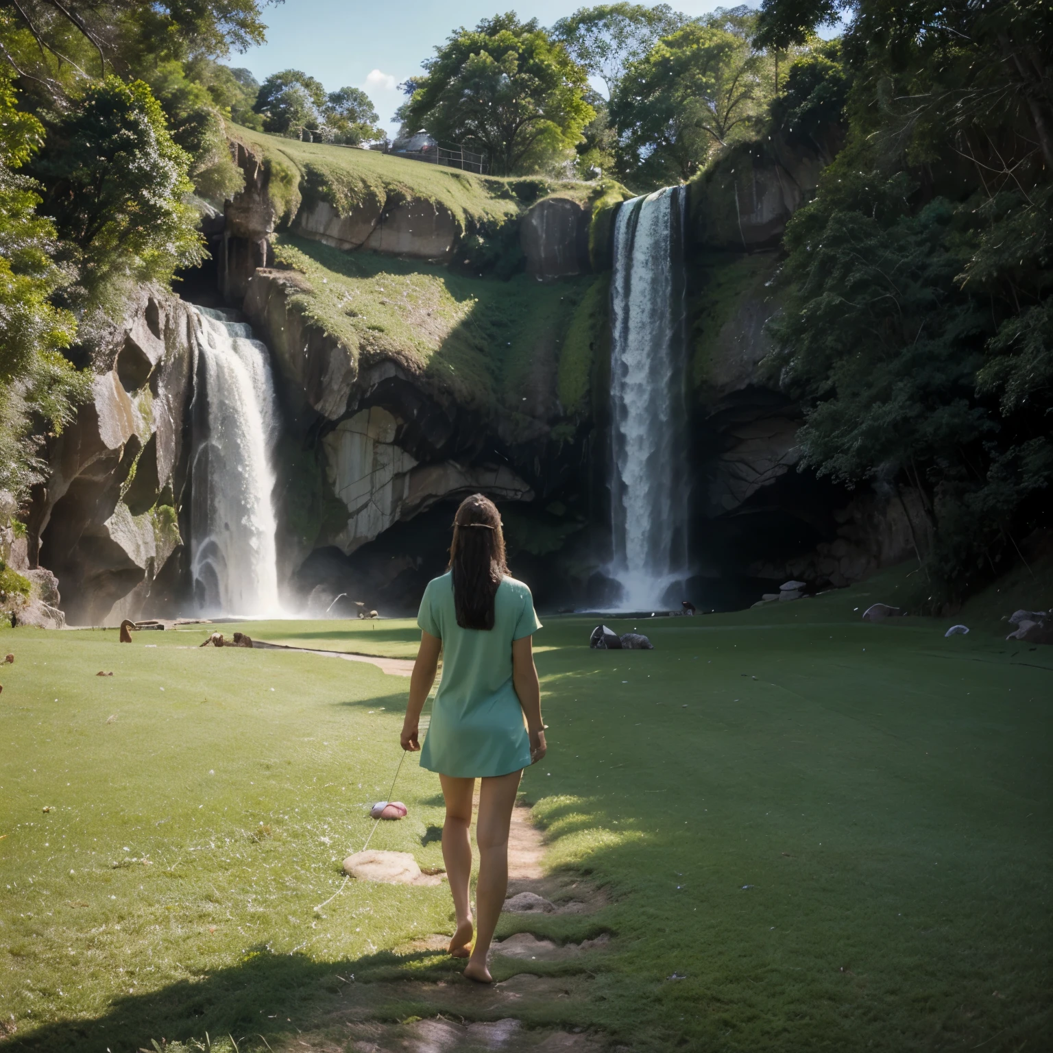 ((girl walking barefoot with jesus on a green lawn)) ((ao fundo uma cachoeira e montanhas)) ((various animals around))