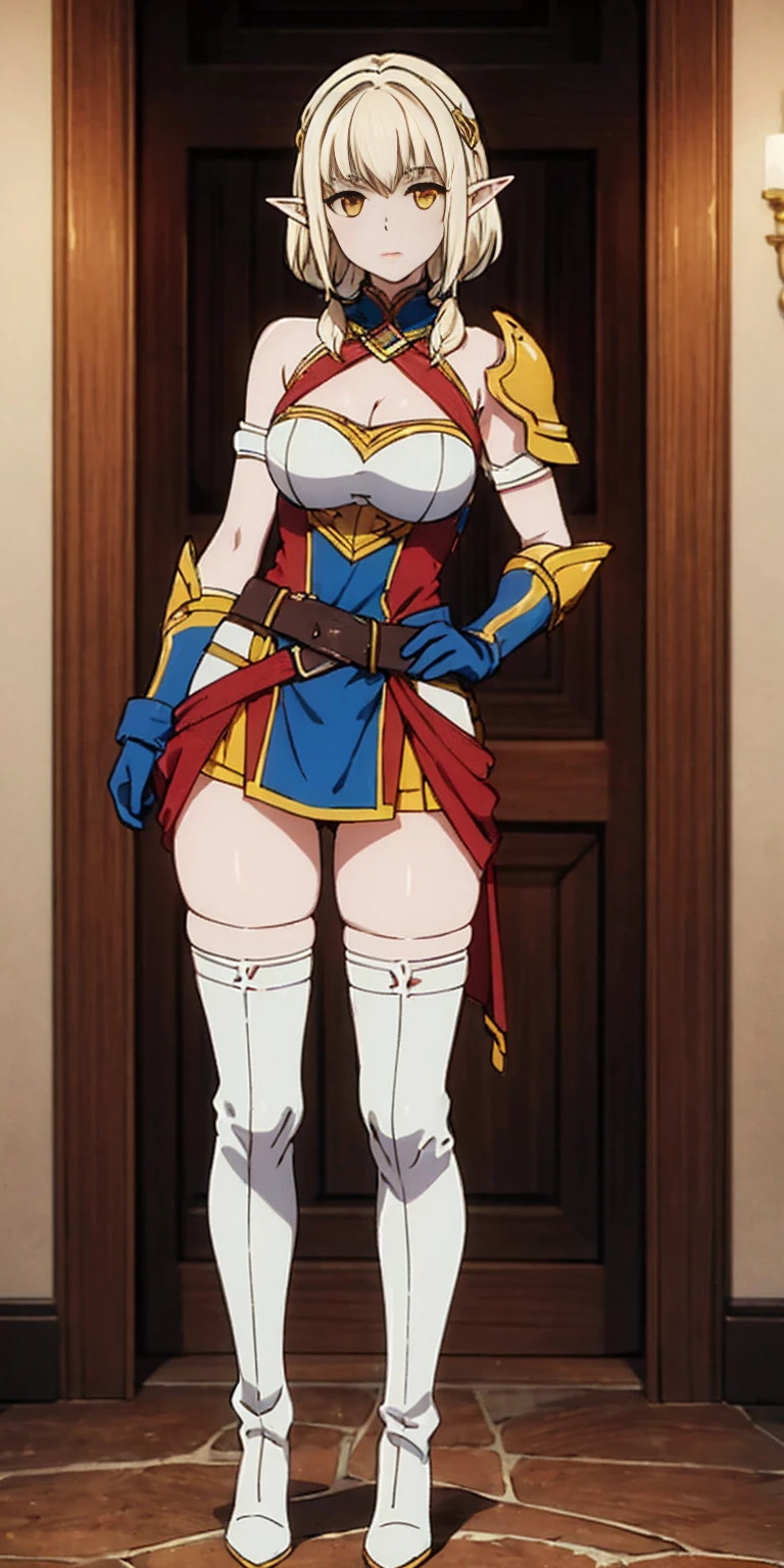 masterpiece, best quality, high quality, white SKIN elf, long hair, white hair, yellow eyes, full body, def_effie, blue breastplate, white skin, looking at viewer, shiny armor, thigh highs, high boots, shoulder armor, faulds, poleyn, gloves, gauntlets