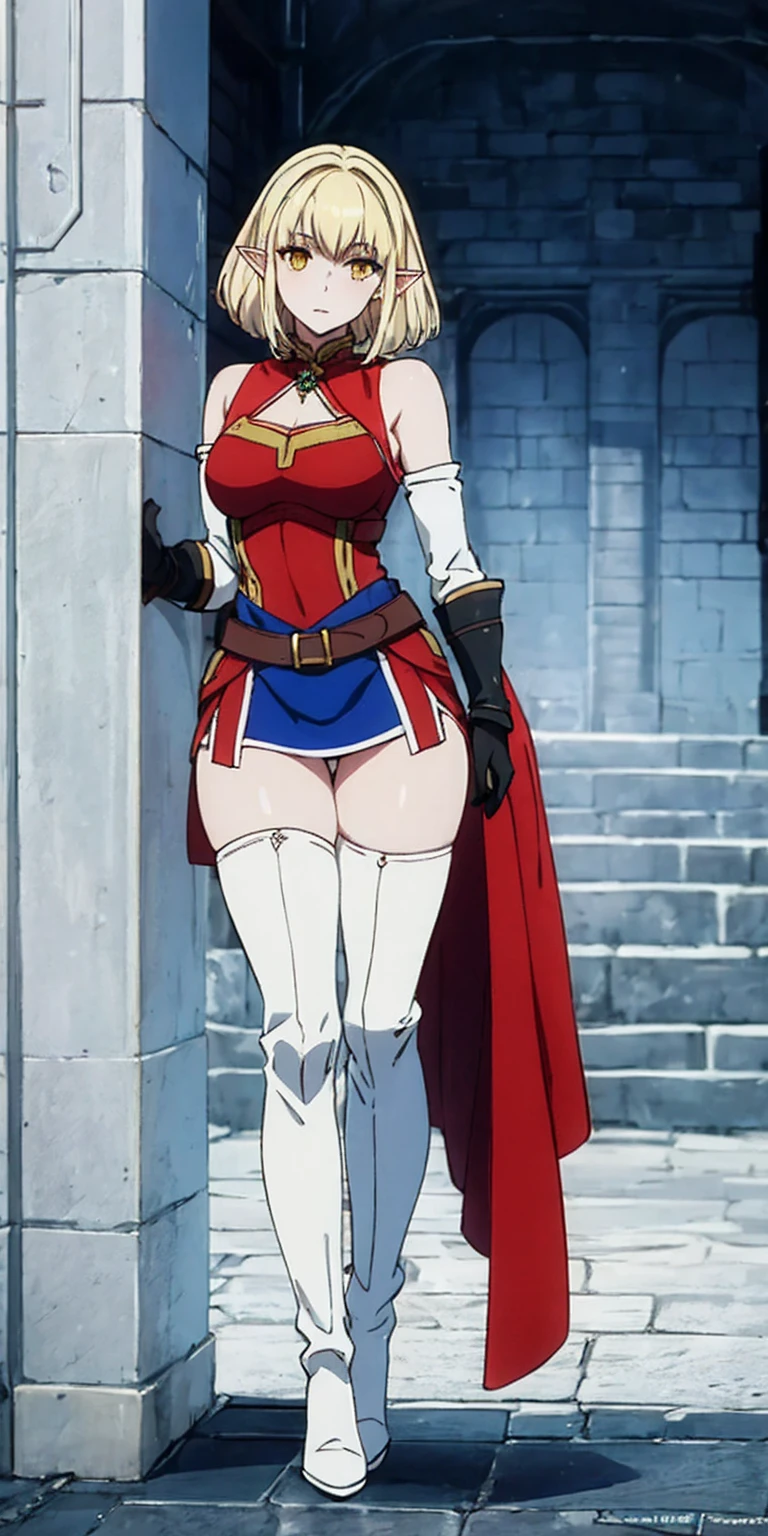 masterpiece, best quality, high quality, white SKIN elf, long hair, white hair, yellow eyes, full body, def_effie, blue breastplate, white skin, looking at viewer, shiny armor, thigh highs, high boots, shoulder armor, faulds, poleyn, gloves, gauntlets