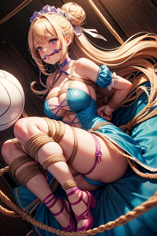 piperBS, blonde hair, hair bun, blue dress, puffy sleeves, short sleeves, pink gloves, fingerless gloves, pink belt, shoes, blue footwear, (((gaggedc with a fine ball gag:1.4))), cute and blushing 18 years old anime girl, look away because she is embarrassed and blushes, bright blue eyes, detailed face, detailed members, detailed arms, Girl lying, tied by ropes, shackled, can no longer move, tied tightly, very hard tied up with lots of ropes, hampered by so many ropes that she can no longer move, bound hands and feet, ropes tie his whole body, tied extremely tightly and forcefully to her bed by a lot of ropes, its limbs are strongly tied together by ropes, his torso is tied up with thick cords, her chest is so tied up with ropes that it sticks out, her legs are tied tightly with thick ropes, his hands are tied behind his back with ropes, she can no longer move her feet, her hands which are tied by thick ropes, she desperately tries to free herself, likes to be tied tight with big ropes, likes to be immobilized by big ropes, lying down, his hands and feet are strongly tied to the railing of his bed, his legs are pressed together and tied with ropes, its limbs are held vigorously by imposing ropes, her hands are tied securely behind her back by ropes, her chest is compressed by strong ropes, she is pressed against her bed and restrained by large ropes, (shibari, arms behind the back:1.4), (hands on the back), (masterpiece, best quality) 1.5, 1girl, solo, (sexy, beautiful woman, perfect face, perfect eyes, perfect hands), samus aran, (hands on the back), Spread the legs, s&#39; ((lie in bed by big ropes)), ((close up of the girl)), ((((lie in bed)))), ((((arms tied behind the back, Legs Tied,La fille est allongée sur le ventre, La fille est allongée sur le sol:1.5)))), ((((girl seen from behind:1.4)))), ((((girl lying down on her stomach:1.4)))), ((((Outstretched arms:1.5)))), ((((Detailed hands:1.5)))), ((((bedroom decor:1.4)))), ((((realistic decor:1.4))))