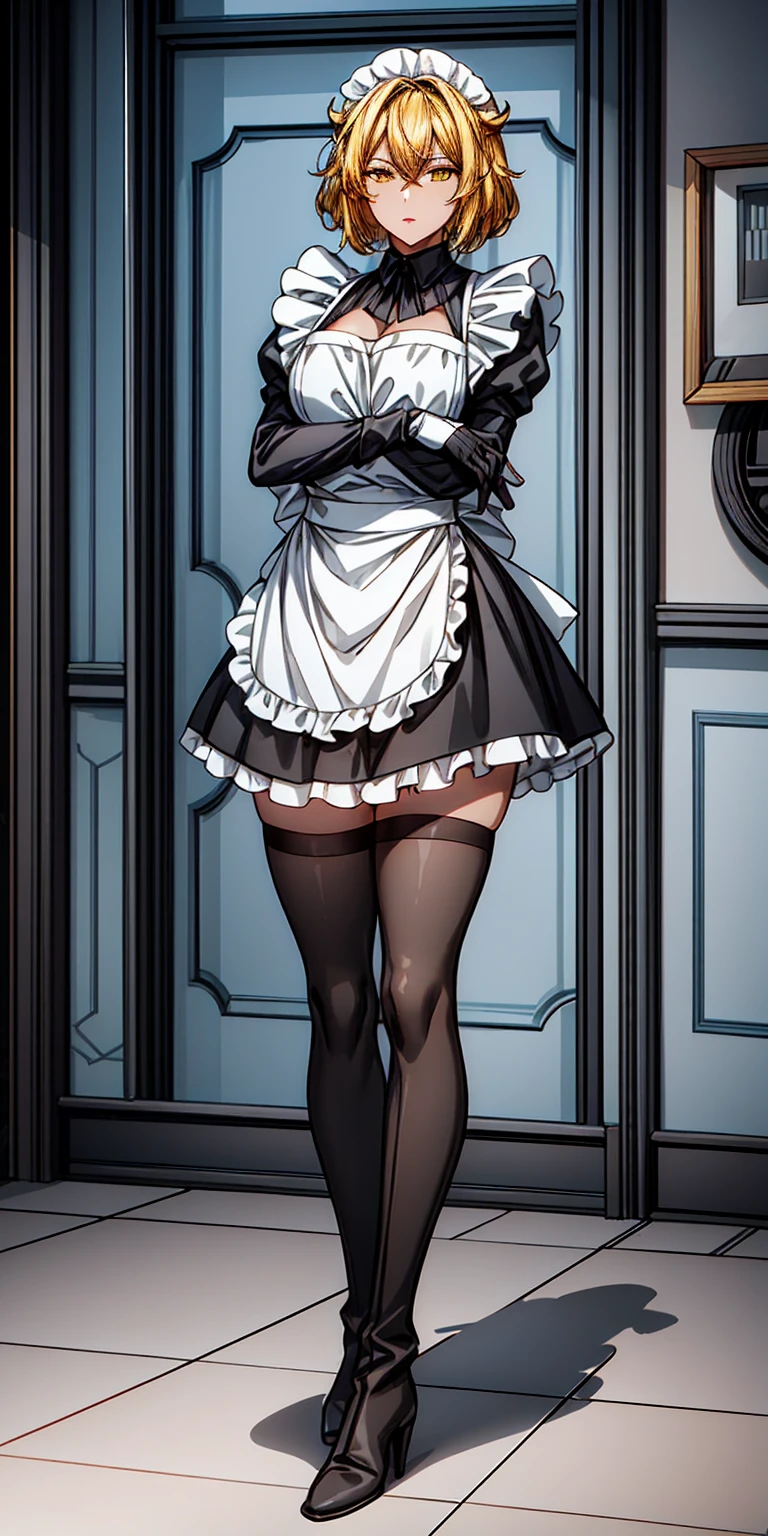 Roxanne (mature female:1.4), masterpiece, best quality (maid, maid headdress, maid apron), standing, indoors, window, masterpiece, best quality, high quality, dark black SKIN. Long messy hair, yellow eyes, full body, def_effie, blue breastplate, looking at viewer, shiny armor, thigh highs, high boots, shoulder armor, faulds, poleyn, red gloves gauntlets