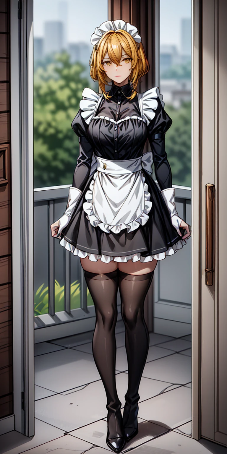 Roxanne (mature female:1.4), masterpiece, best quality (maid, maid headdress, maid apron), standing, indoors, window, masterpiece, best quality, high quality, dark black SKIN. Long messy hair, yellow eyes, full body, def_effie, blue breastplate, looking at viewer, shiny armor, thigh highs, high boots, shoulder armor, faulds, poleyn, red gloves gauntlets