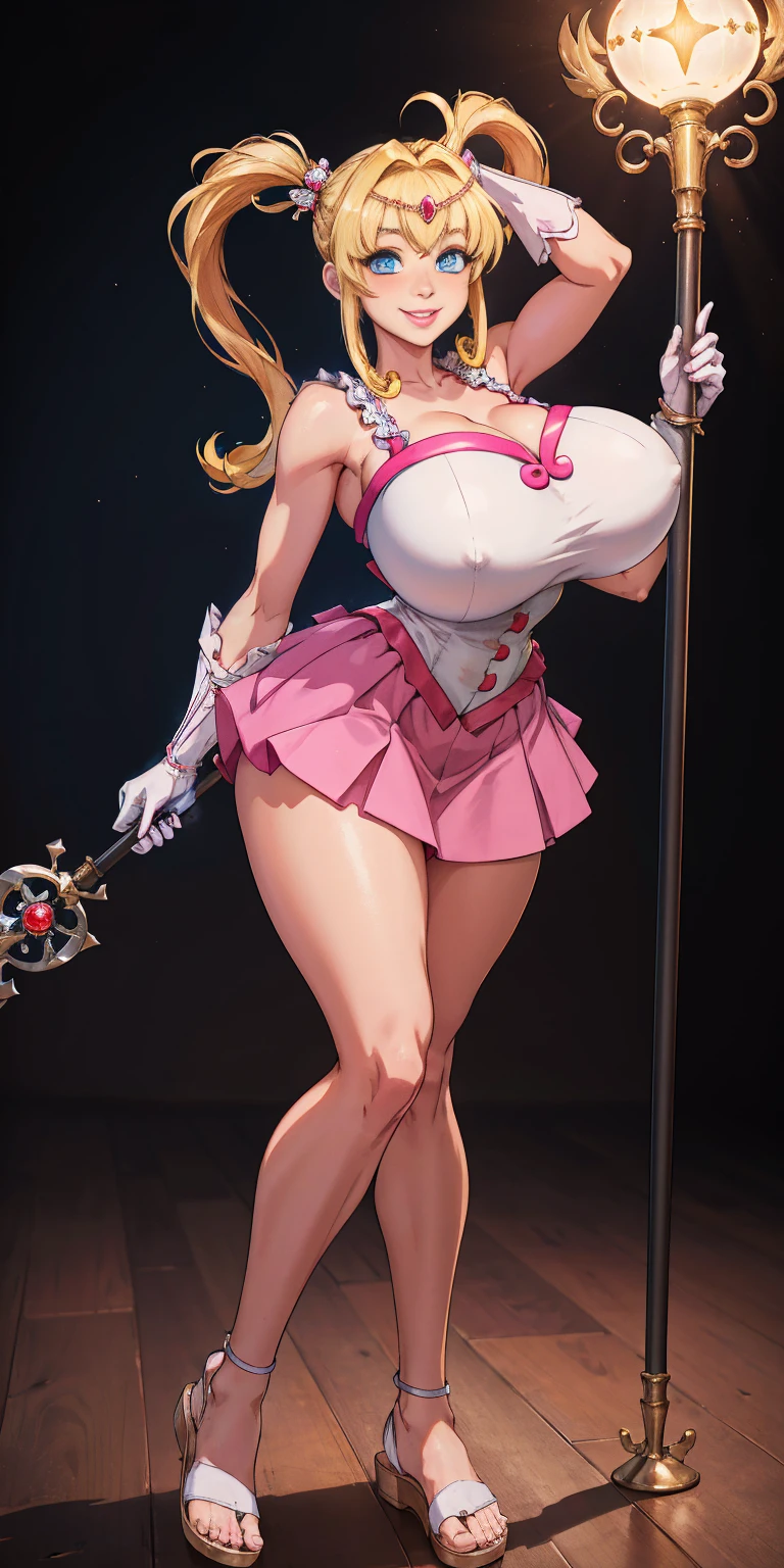 masterpiece, best quality, highres, hmnl, hmnl, twintails, tiara, blue eyes, idol, dress, gloves,(best quality, high-res, masterpiece:1.2), ultra-detailed,1.37, portraits, vivid colors, studio lighting, sharp focus, physically-based rendering, long hair, blue eyes, beautiful detailed eyes, beautiful detailed lips, twintails, tiara, ahoge, hair ornament, idol, dress, gloves, standing, smile, huge breast, curvy, staff, long skirt, standing, full body, flipflops, larges skirt, long skirt, refsheet