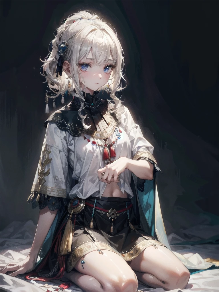tribal poncho, absurdres, RAW photo, extremely delicate and beautiful, masterpiece, Best Quality, ultra high resolution, 32k, hyperrealistic, ultra-detailed, detailed description, pale skin, 20 years old, tearful mole, earring, short medium hair, wavy hair, full body shot,