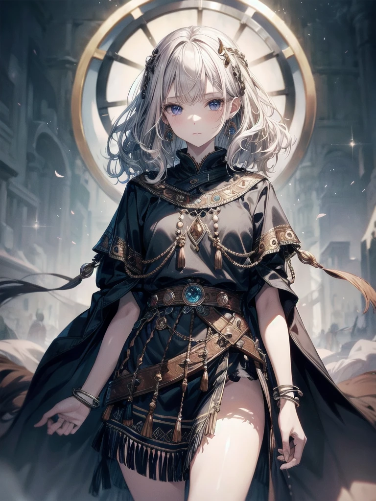 tribal poncho, absurdres, RAW photo, extremely delicate and beautiful, masterpiece, Best Quality, ultra high resolution, 32k, hyperrealistic, ultra-detailed, detailed description, pale skin, 20 years old, tearful mole, earring, short medium hair, wavy hair, full body shot,