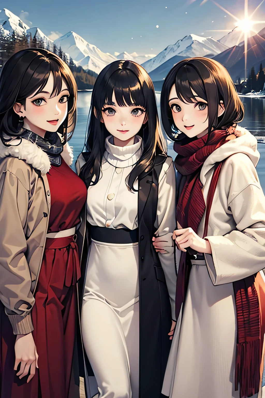 highest quality、High resolution、Detailed Background、(Beautiful face in every detail:1.4)、Anatomically correct、(Detailed facial expressions)、(Detailed eyes:1.2)、(Detailed eyes:1.2)、Beautiful, smooth skin、Beautiful women in their 20s、(Highly detailed face:1.4)、Cute color hair color、Braided long hair、Wavy Hairstyle、well-groomed eyebrows、Cute Eye Makeup、Cute Lip Makeup、In a joking manner、Do cute things、Winter Mountain、Lake Tazawa、A big smile、In the beautiful natural scenery、Spectacular natural scenery、Lake Tazawa, with its beautiful lapis lazuli surface、The snow-covered lakeside is mysterious in winter、Fit on one screen、

(Three beautiful women having fun with friends against the backdrop of a snowy mountain in the morning sun:1.5)、

For long skirts, choose shiny materials or tiered designs.、It can create a glamorous atmosphere、Try pairing a sheer top and a fluffy knit cardigan with a white monotone outfit.、We also recommend a sophisticated winter look that combines a grey ribbed knit with a blue long skirt.。The glossy feel of the skirt adds a subtle touch of glamour.、Wearing a beige no-collar coat will give you a neat and clean look.、Pair it with wide pants and short outerwear for a stylish and balanced look.、Wide pants have a loose silhouette and create a trendy look.、Tight and narrow skirts are also popular items that can create a slim silhouette.、Incorporating wintery accessories into your outfit will give you a seasonal look.、Stoles and scarves are items worn around the face, so if you choose bright colors, your face will look brighter.、Fur and boa accessories are also great for keeping you warm, so try adding them to your outfit to balance it out.