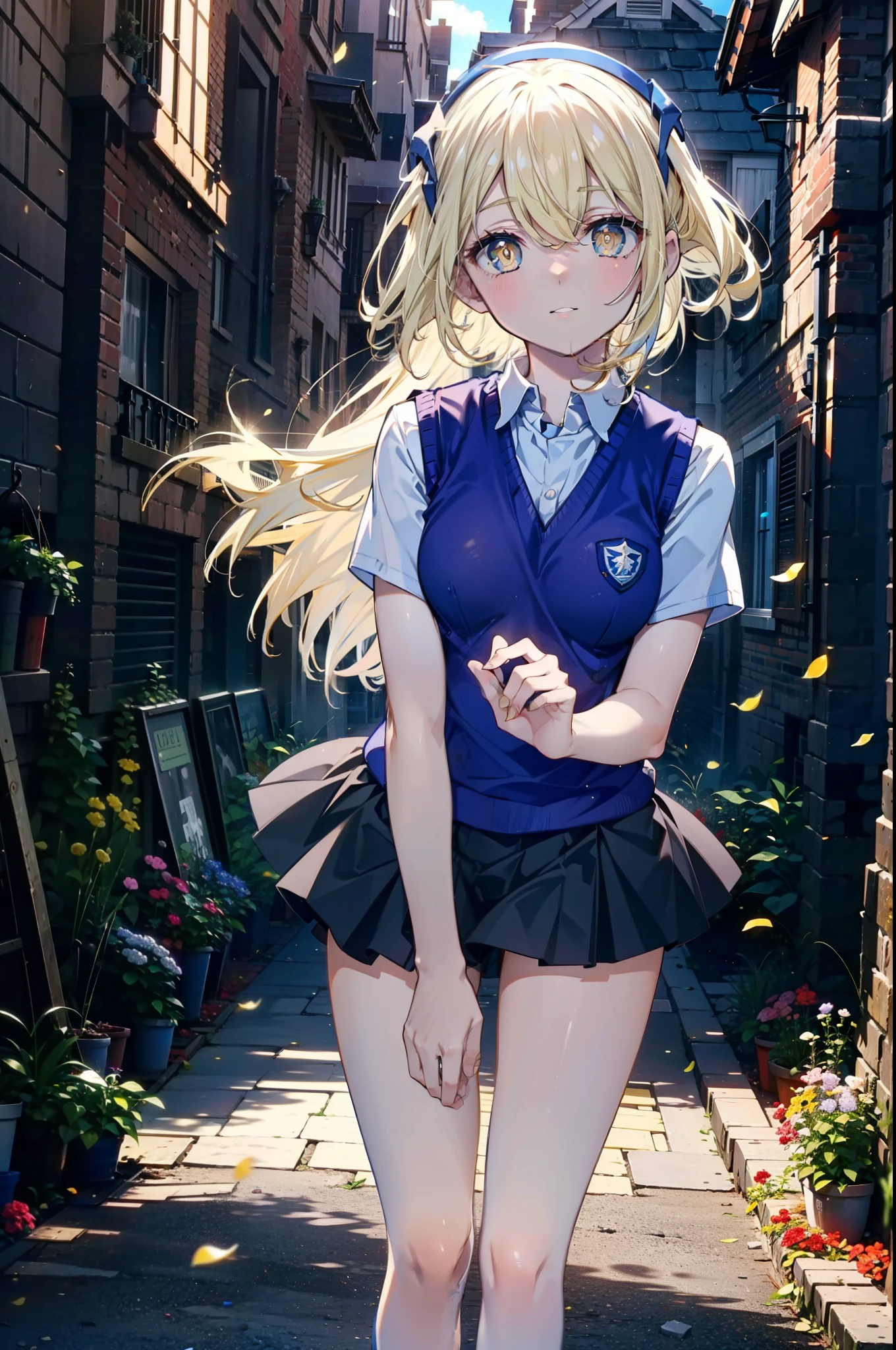 Izvalenstein, Eyes Wallenstein, Blonde, Hair between the eyes, White headband, Long Hair, (Yellow Eyes:1.5), smile,blush,Y-shirt,Short sleeve,Sweater vest, (blue Sweater vest:1.5),black pleated skirt,Brown Loafers,morning,morning陽,The sun is rising,whole bodyがイラストに入るように,
壊す looking at viewer,whole body,
Destroy outdoors, In town,Destroy a city of buildings (masterpiece:1.2), highest quality, High resolution, unity 8k wallpaper, (shape:0.8), (Fine and beautiful eyes:1.6), Highly detailed face, Perfect lighting, Highly detailed CG, (Perfect hands, Perfect Anatomy),