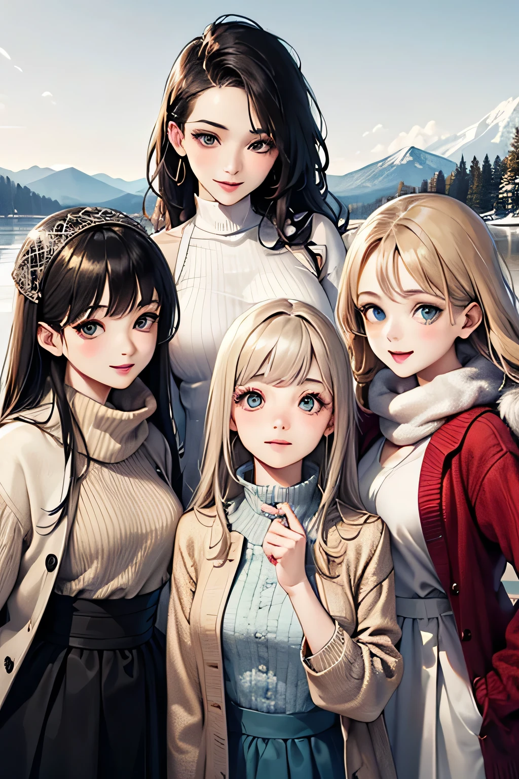 highest quality、High resolution、Detailed Background、(Beautiful face in every detail:1.4)、Anatomically correct、(Detailed facial expressions)、(Detailed eyes:1.2)、(Detailed eyes:1.2)、Beautiful, smooth skin、Beautiful women in their 20s、(Highly detailed face:1.4)、Cute color hair color、Braided long hair、Wavy Hairstyle、well-groomed eyebrows、Cute Eye Makeup、Cute Lip Makeup、In a joking manner、Do cute things、Winter Mountain、Lake Tazawa、A big smile、In the beautiful natural scenery、Spectacular natural scenery、Lake Tazawa, with its beautiful lapis lazuli surface、The snow-covered lakeside is mysterious in winter、Fit on one screen、

(Three beautiful women having fun with friends against the backdrop of a snowy mountain in the morning sun:1.5)、

For long skirts, choose shiny materials or tiered designs.、It can create a glamorous atmosphere、Try pairing a sheer top and a fluffy knit cardigan with a white monotone outfit.、We also recommend a sophisticated winter look that combines a grey ribbed knit with a blue long skirt.。The glossy feel of the skirt adds a subtle touch of glamour.、Wearing a beige no-collar coat will give you a neat and clean look.、Pair it with wide pants and short outerwear for a stylish and balanced look.、Wide pants have a loose silhouette and create a trendy look.、Tight and narrow skirts are also popular items that can create a slim silhouette.、Incorporating wintery accessories into your outfit will give you a seasonal look.、Stoles and scarves are items worn around the face, so if you choose bright colors, your face will look brighter.、Fur and boa accessories are also great for keeping you warm, so try adding them to your outfit to balance it out.
