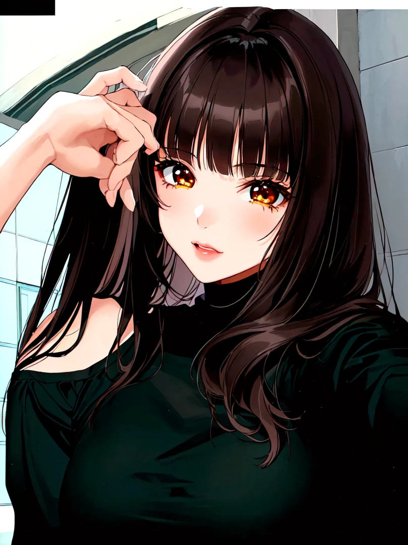 Girl of Brazilian origin, , large brown eyes, fair skin, black hair with bangs, thin face, full red lower lip. (anime girl style)