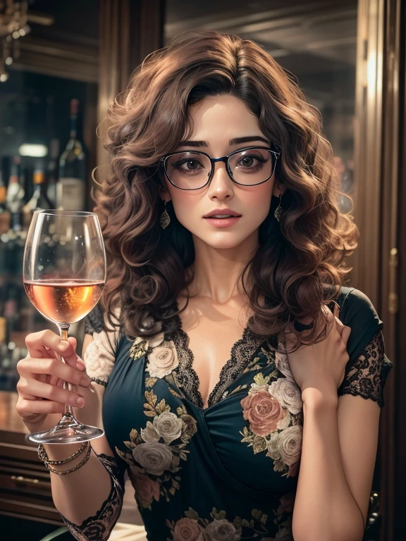 Emmy Rossum pelada, corpo definido, Holding a glass of wine in his left hand, wearing large prescription glasses, peitos grandes, coxas grossas e pernas grandes, se despindo sensualmente, olhos cor de mel, cabelos longos. Emmy Rossum linda e gostosa.